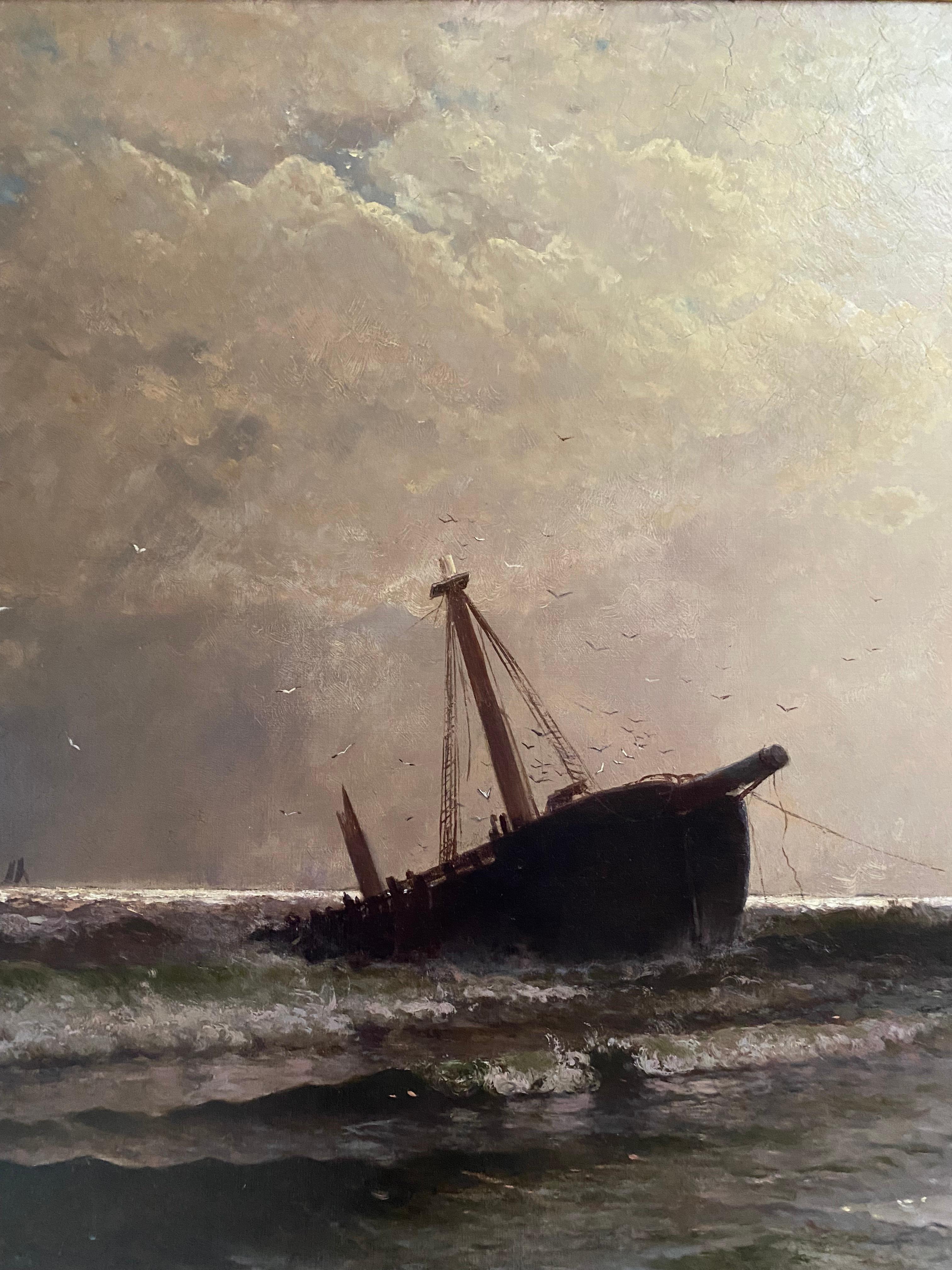 Under a Divided Sky, Seascape of Shipwreck - Hudson River School Painting by Alfred Thompson Bricher