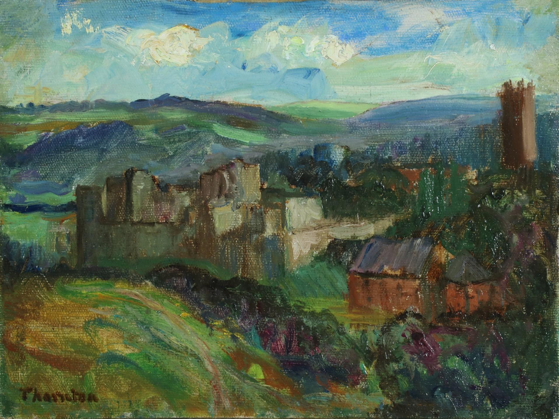 Landscape Painting Alfred Thornton - Castle de Ludlow, Shropshire avec Clee Hills au-delà  - paysage lumineux à l'huile