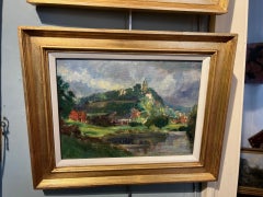 Mid Century View of Bridgnorth Shropshire oil painting of river and tower