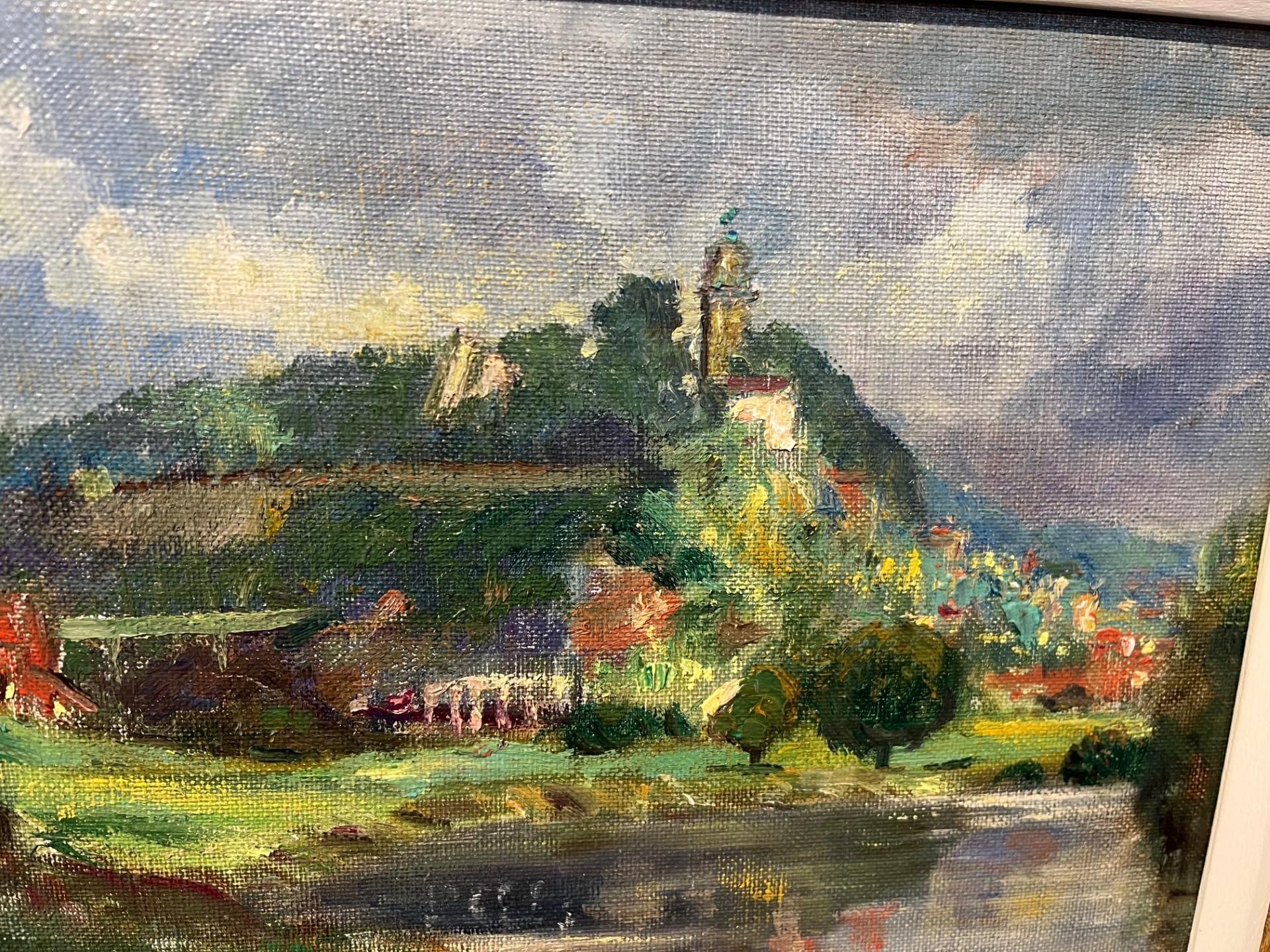 Ansicht von Bridgnorth, Shropshire, mit Fluss, Turm, Hügeln und Gebäuden, Ölgemälde (Farbfeldmalerei), Painting, von Alfred Thornton