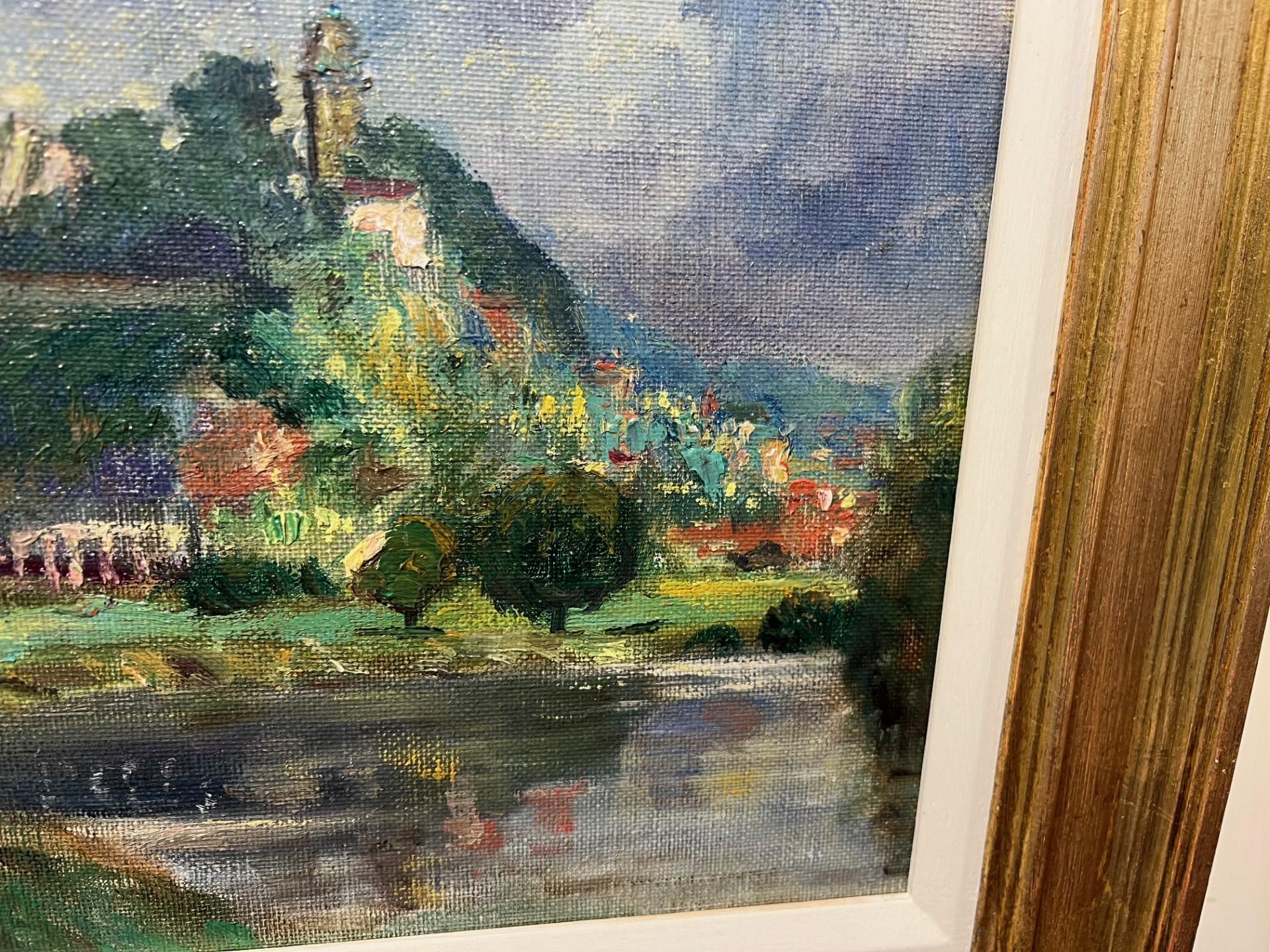 Veduta di Bridgnorth Shropshire di metà secolo, dipinto ad olio del fiume e della torre - Landscape Painting Grigio di Alfred Thornton