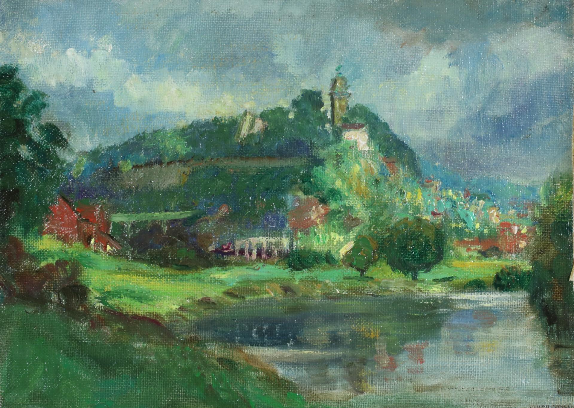 Alfred Thornton Landscape Painting – Ansicht von Bridgnorth, Shropshire, mit Fluss, Turm, Hügeln und Gebäuden, Ölgemälde