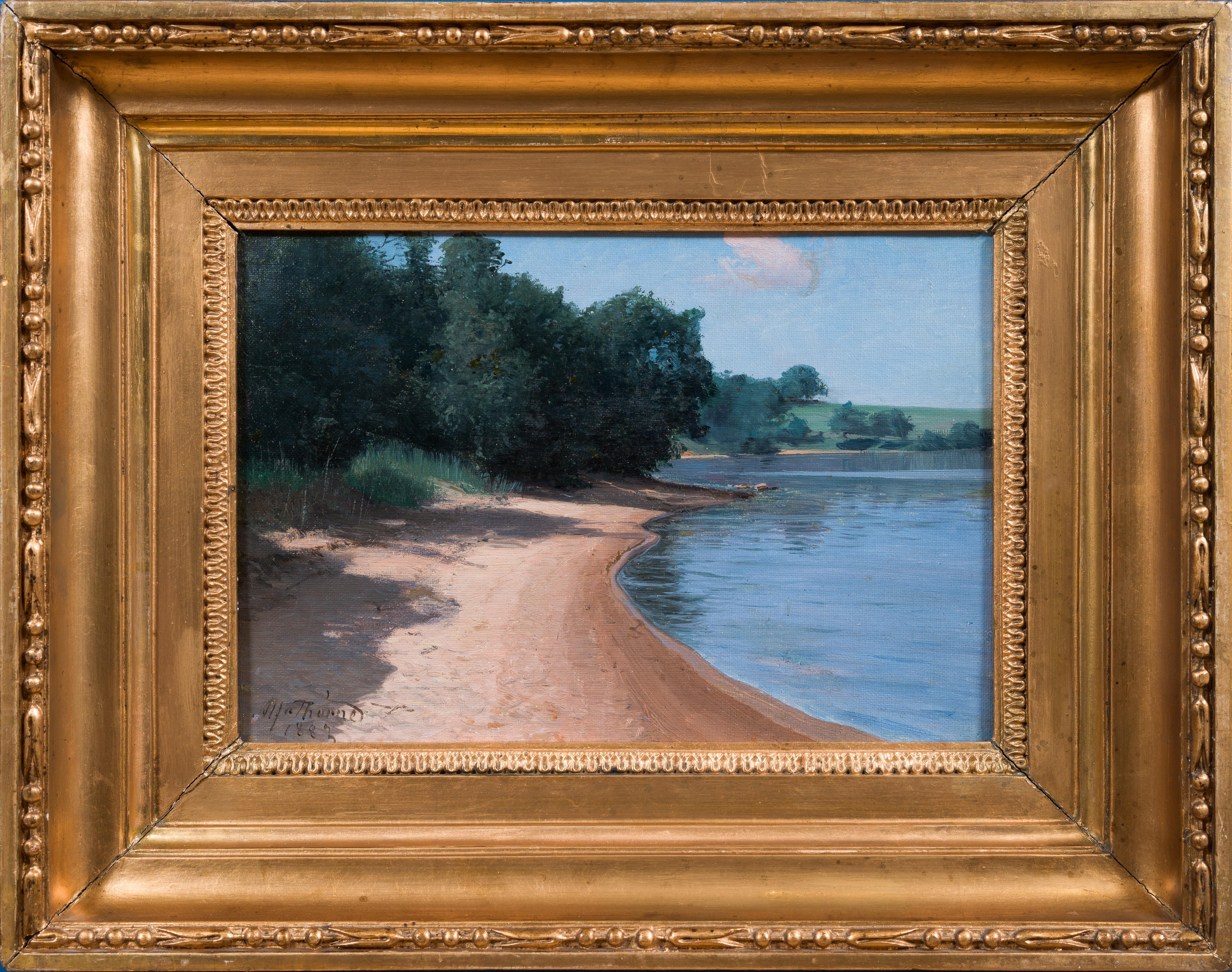 Ancienne peinture à l'huile suédoise 1883 Alfred Thörne Paysage lacustre