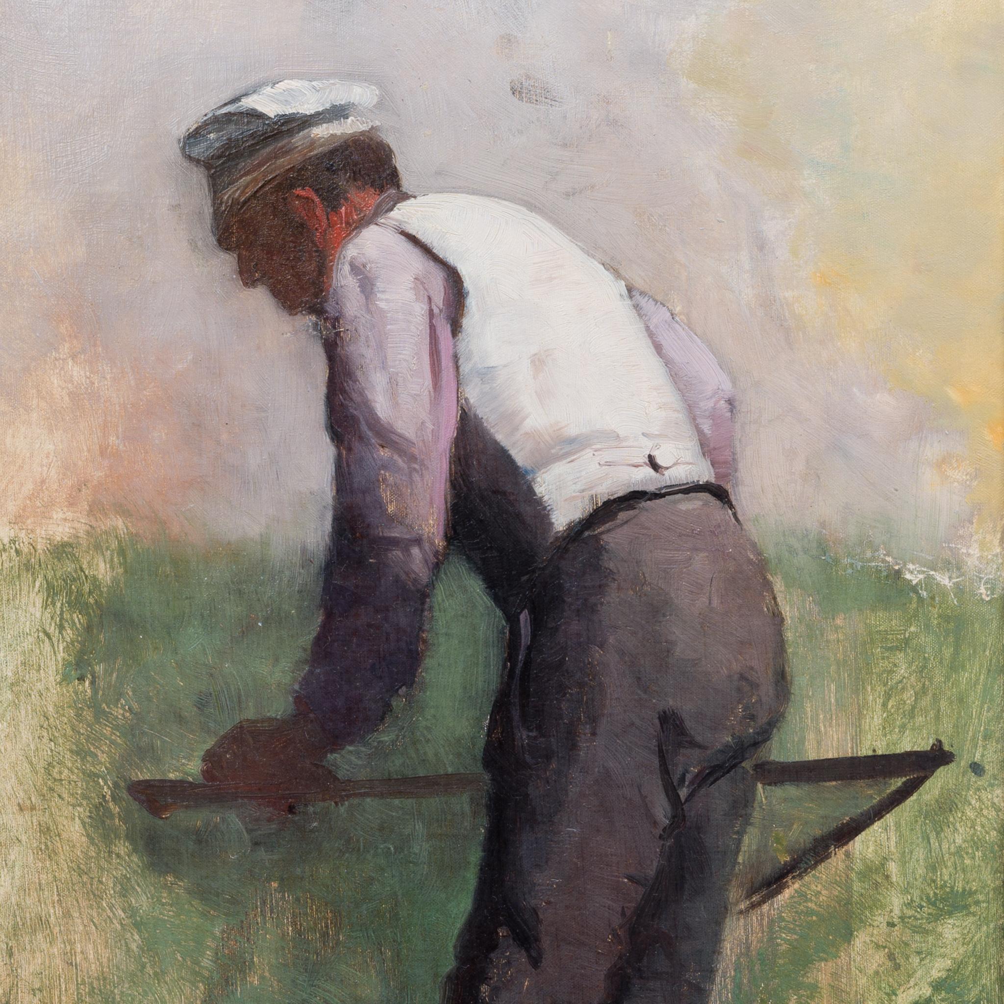 Scena di raccolto con contadino e falce, 1886 - Painting di Alfred Thörne