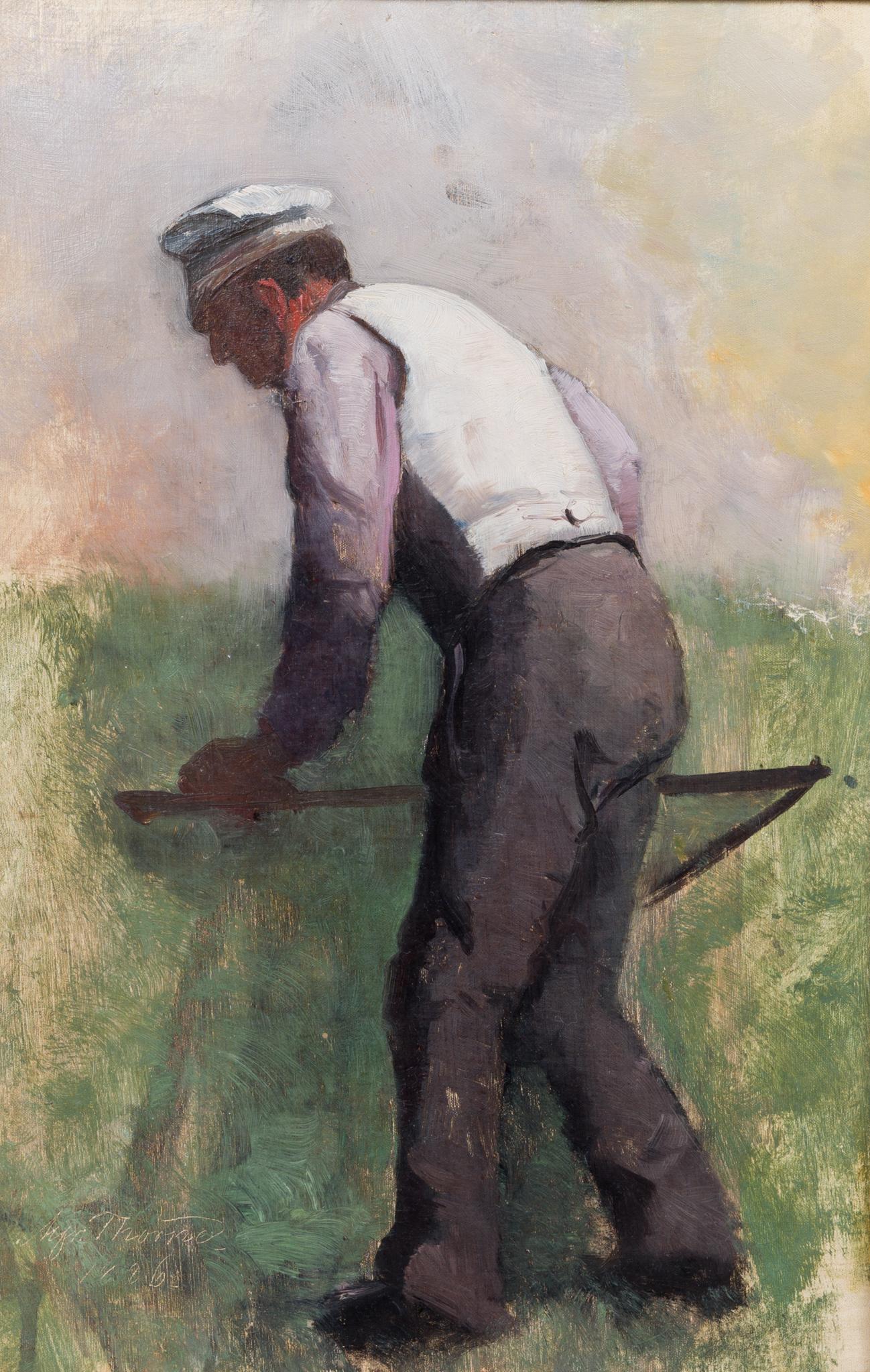 Scena di raccolto con contadino e falce, 1886 - Painting Romantico di Alfred Thörne