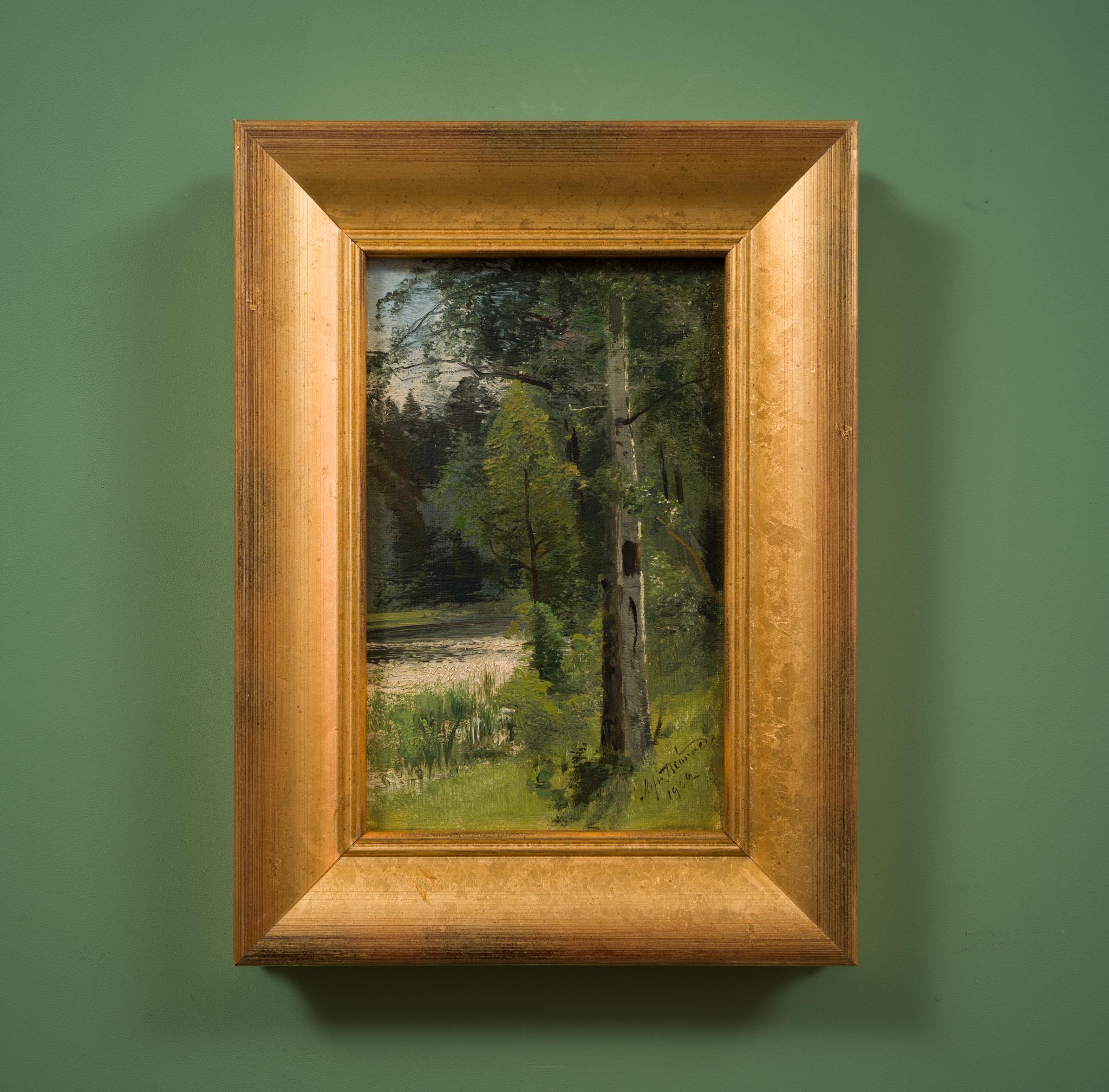 Small Oil Painting From 1902 Called Birch Trees by the Stream For Sale 2