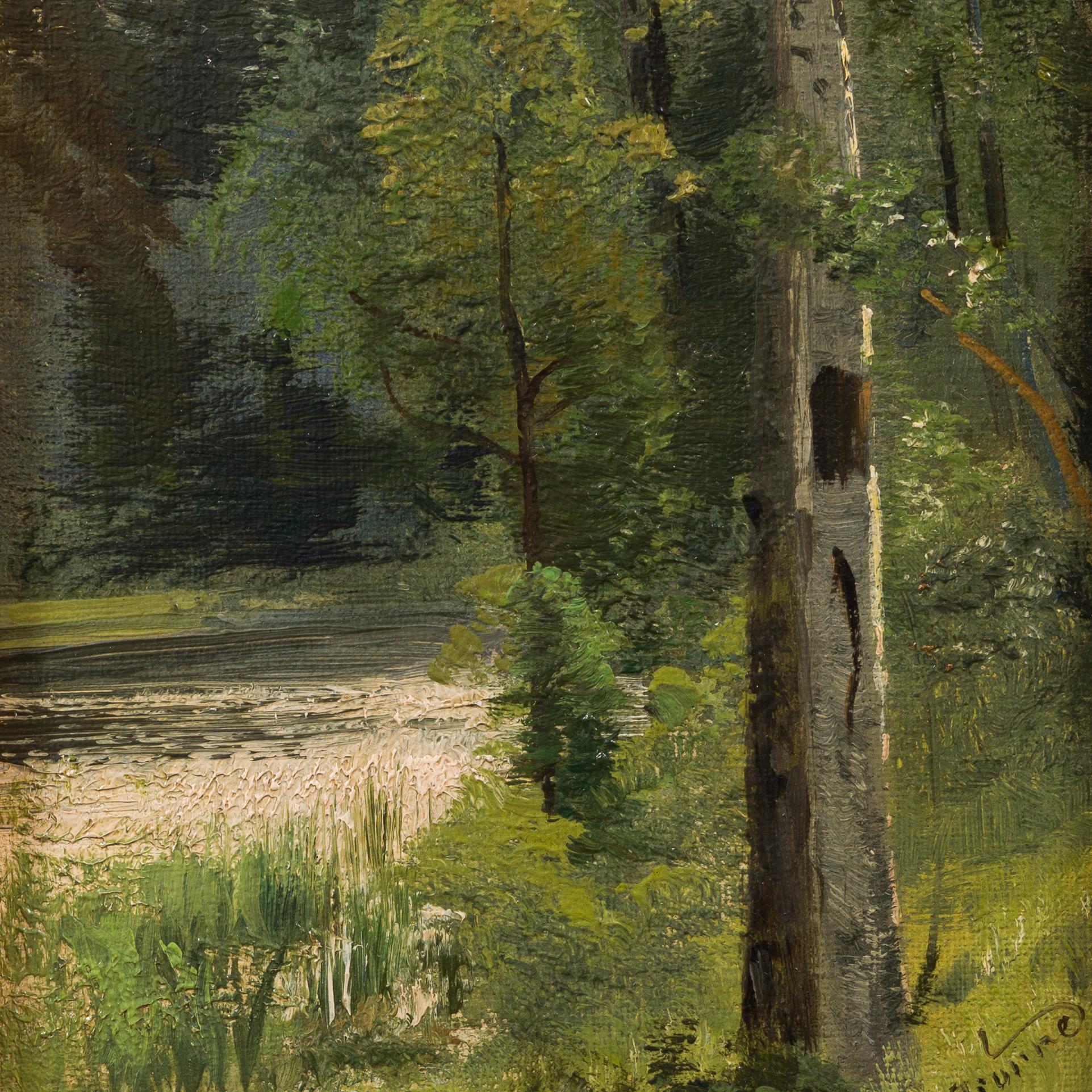 Petite peinture à l'huile de 1902 intitulée Birch Trees by the Stream en vente 1