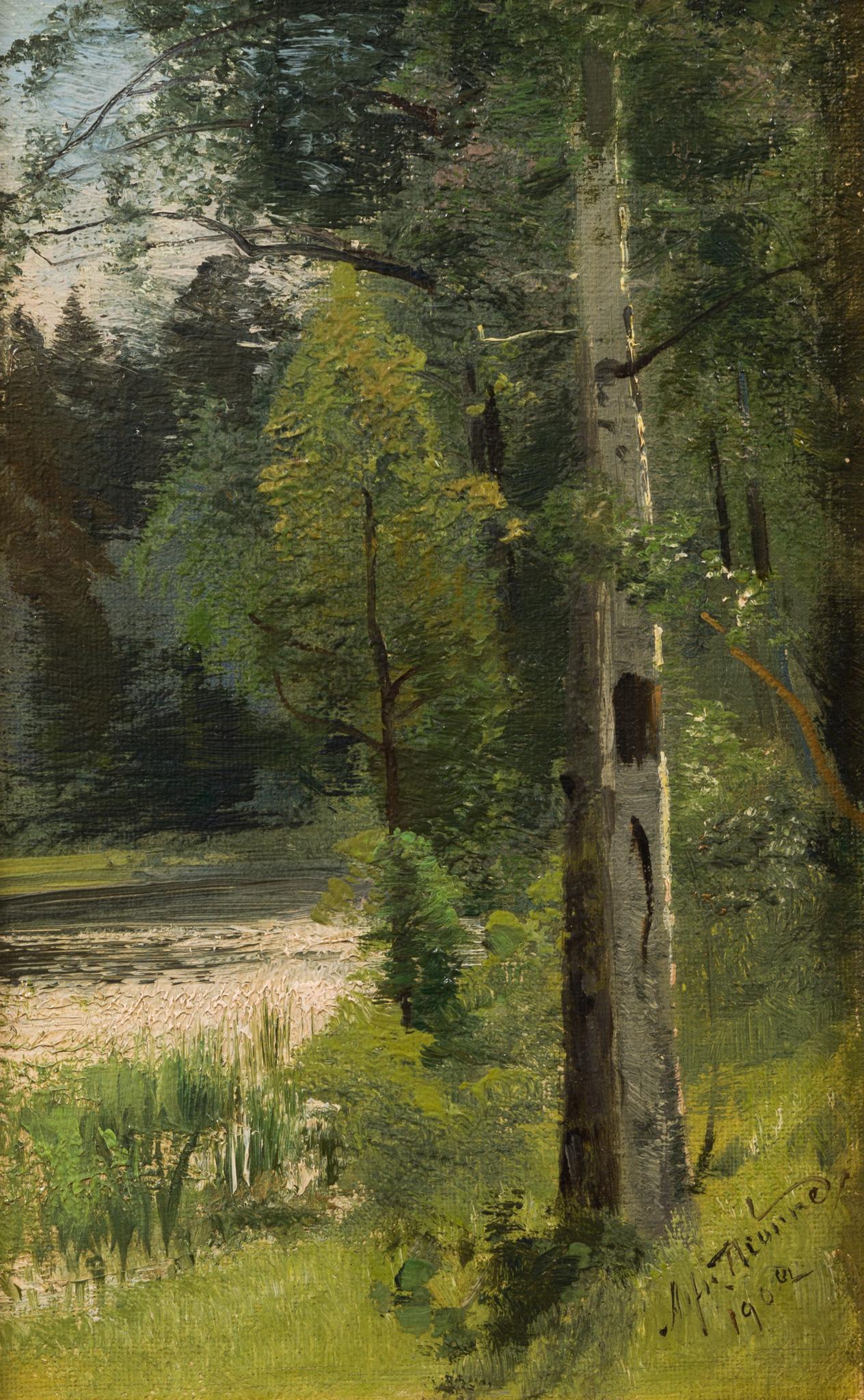 Petite peinture à l'huile de 1902 intitulée Birch Trees by the Stream en vente 2