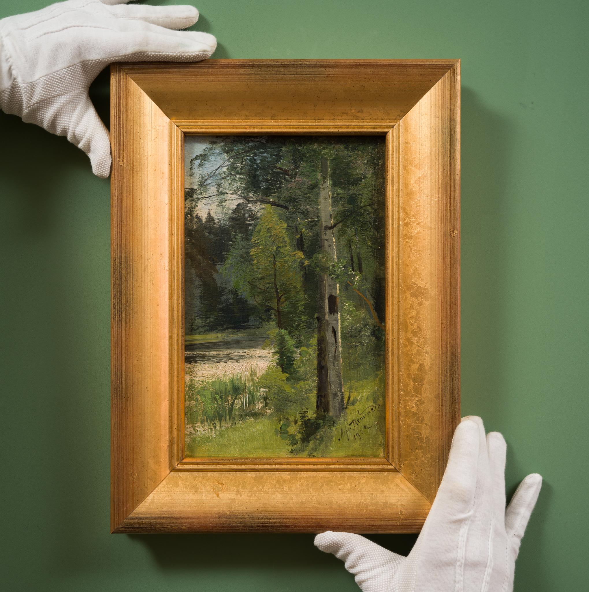 Petite peinture à l'huile de 1902 intitulée Birch Trees by the Stream en vente 3