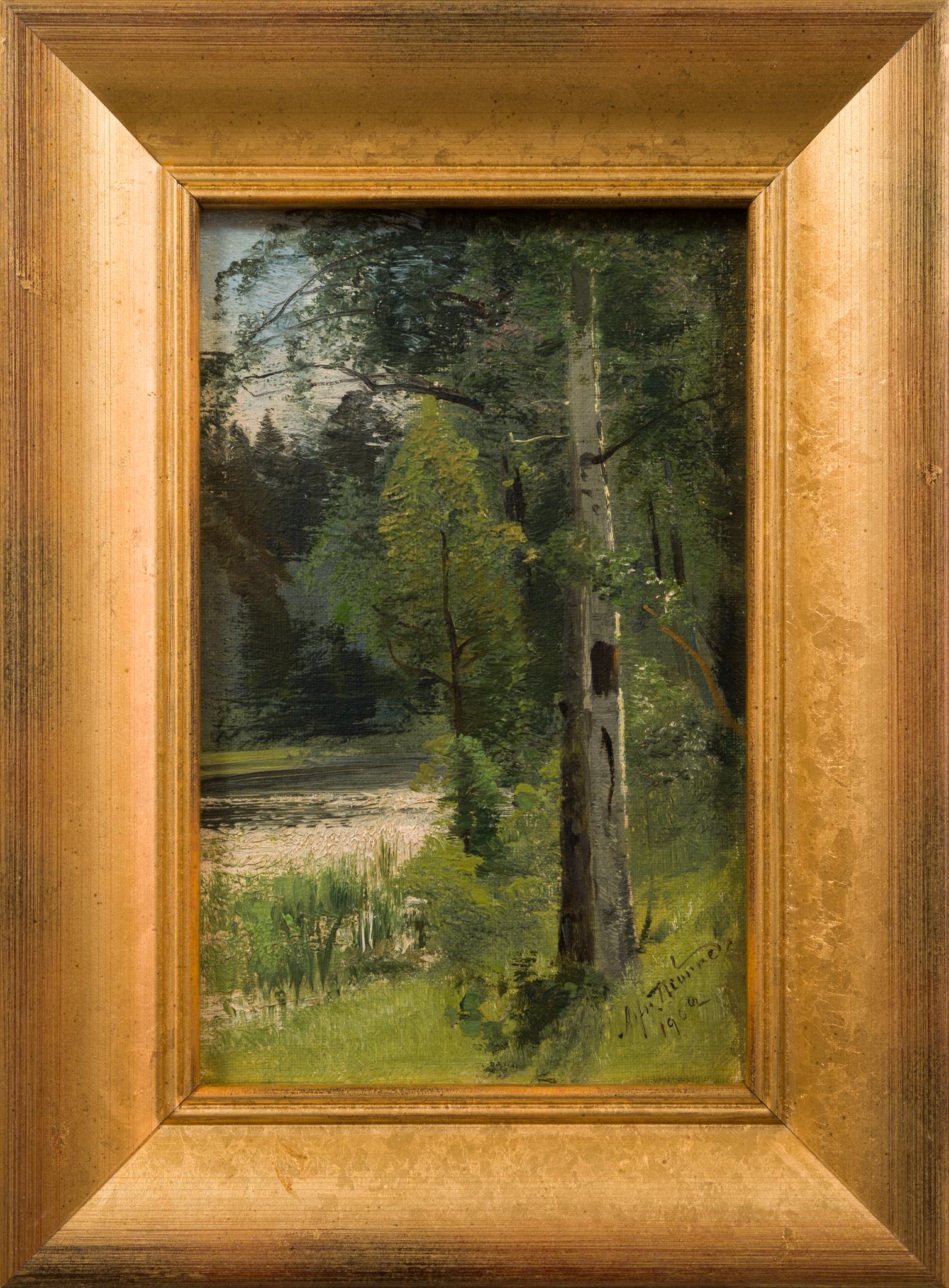Petite peinture à l'huile de 1902 intitulée Birch Trees by the Stream