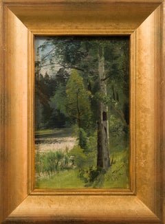 Antique Small Oil Painting From 1902 Called Birch Trees by the Stream