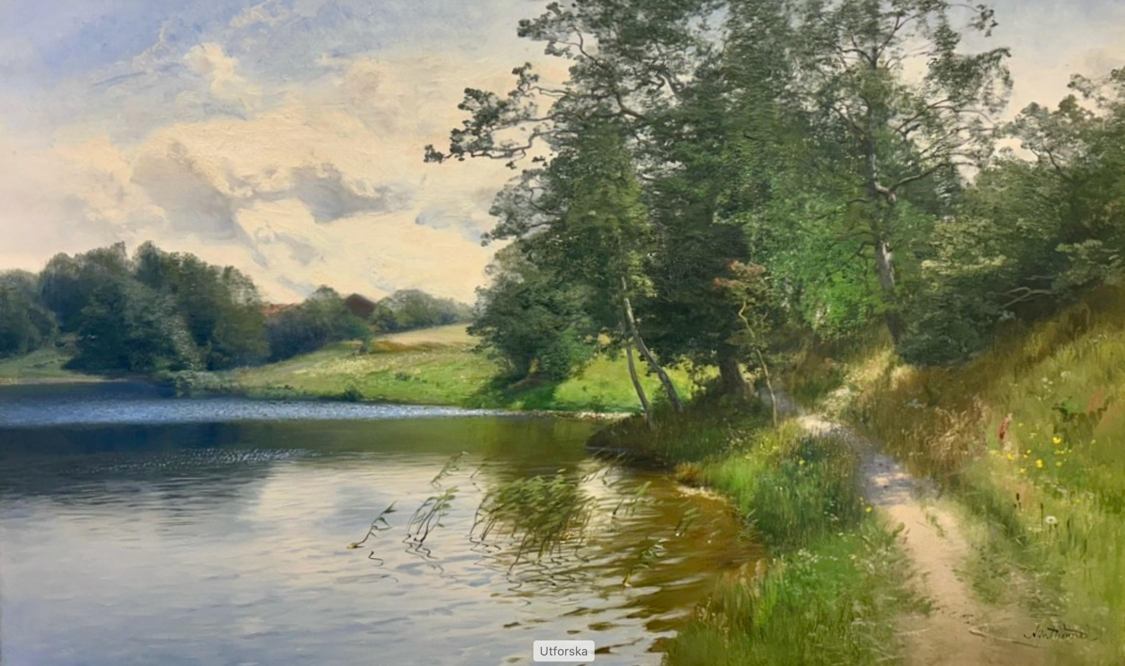 Swedish Summer Day by the Canal in July - Painting by Alfred Thörne