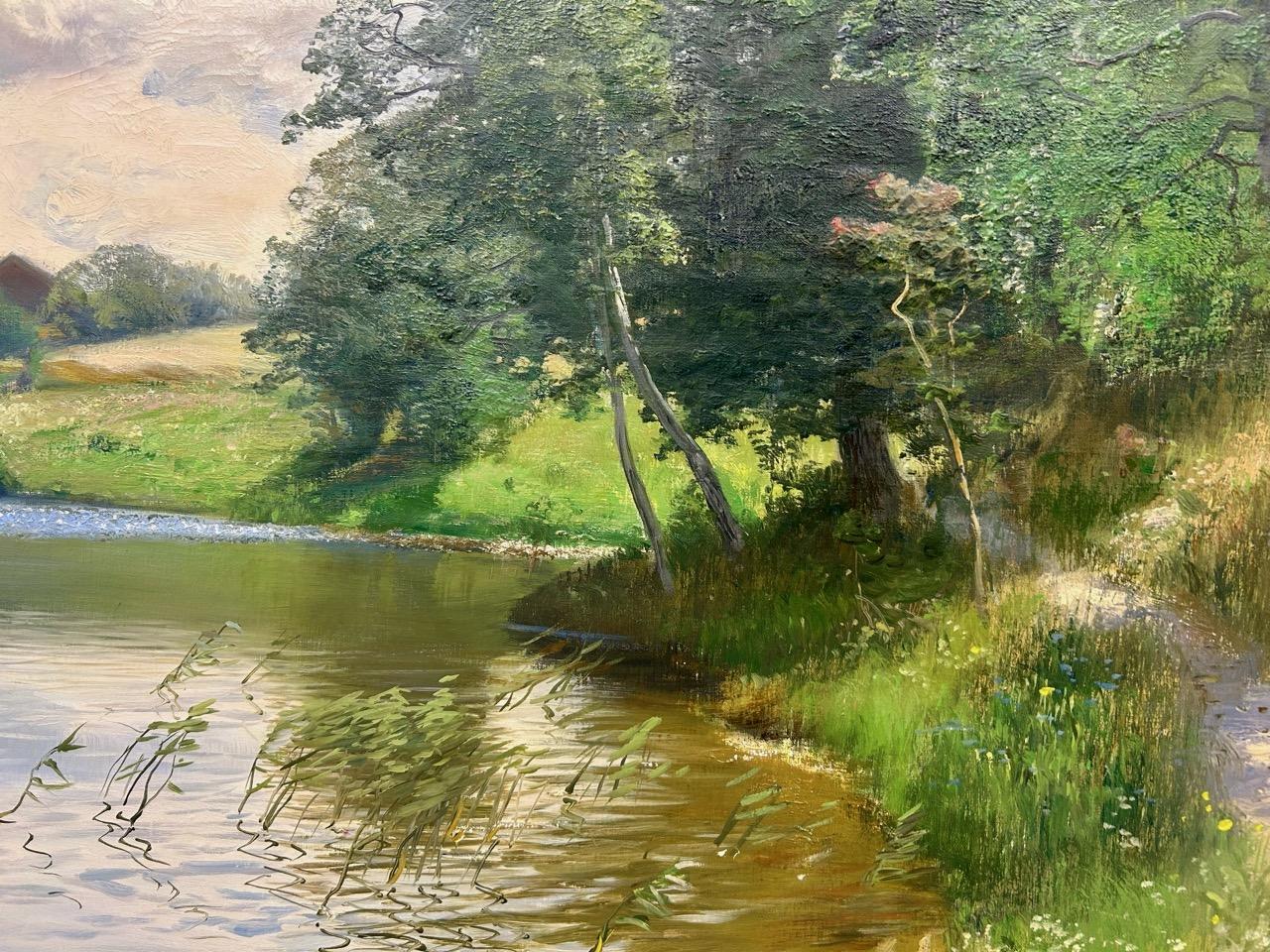 Swedish Summer Day by the Canal in July - Land Painting by Alfred Thörne