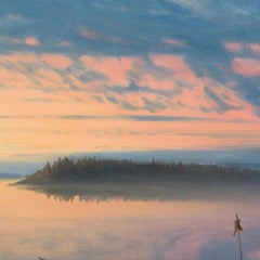 Sonnenuntergang über ruhigem Wasser mit Wasservögeln, ca. 1895–1905