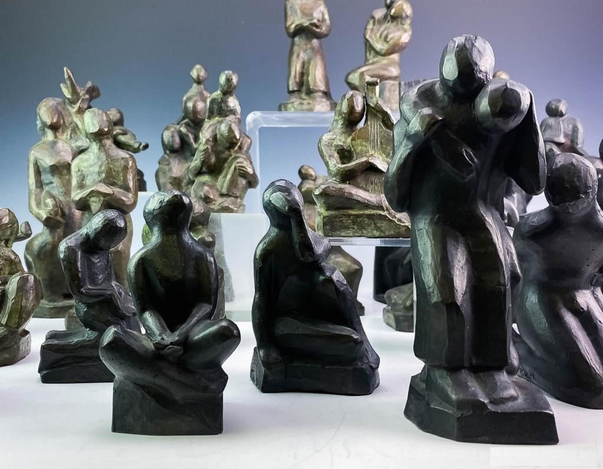 Alfred Van Loen signed 32 piece chess set.  In heavy solid bronze.
Rare Chess Game: Liberty versus Slavery 

Dimensions:
a) Joy-Tenderness H. 6 3/16 in.                             aa) Bondage H. 5 5/16 in.
b) Play-Security H. 5 5/8 in.             