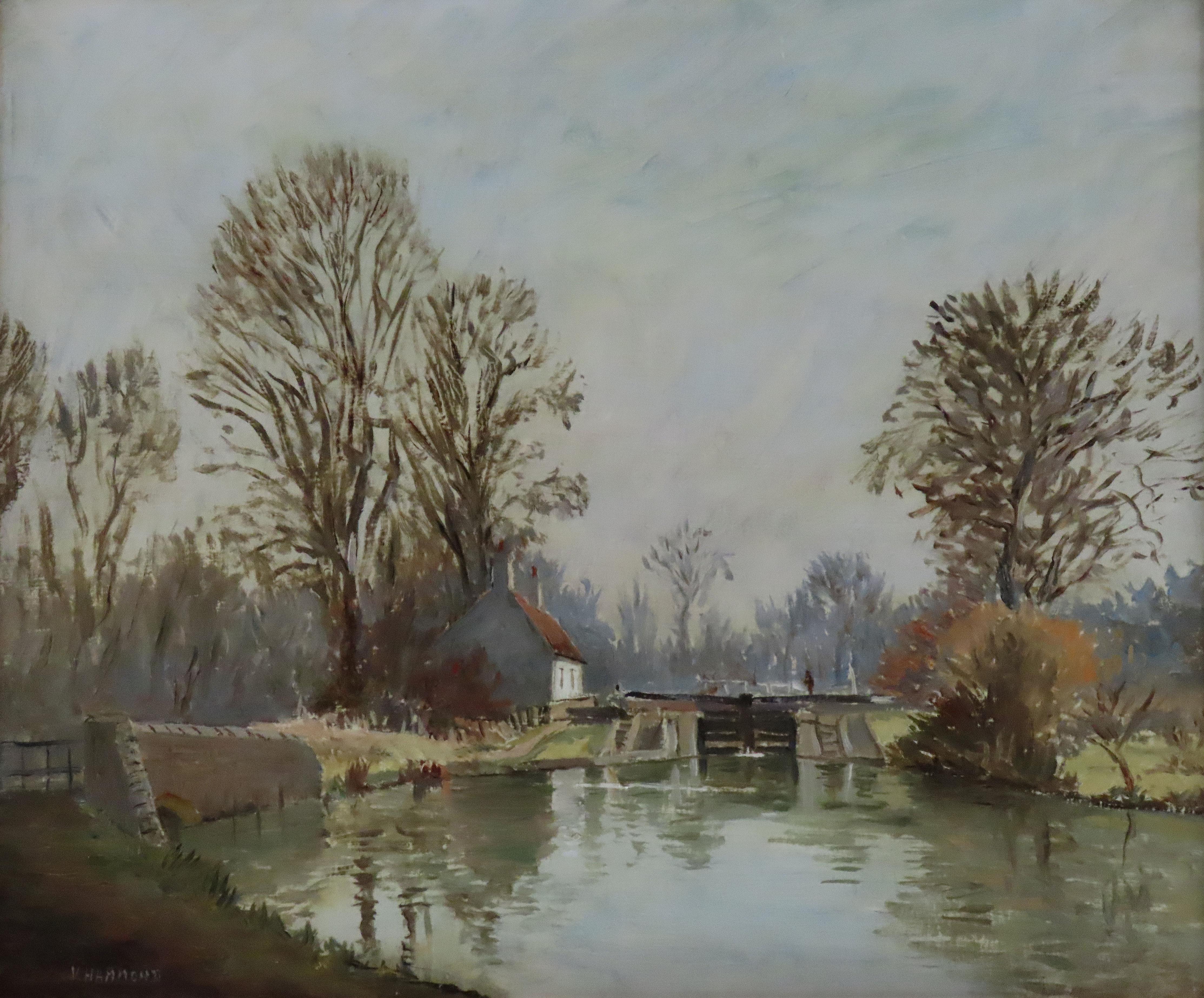 Original Ölgemälde auf Karton, Alfred Vavasour Hammond,  „An der Canal Gate“ (Braun), Landscape Painting, von Alfred Vavasour Hammond FRSA