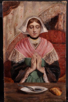 19th Century Belgian Realist Oil Painting - Young Lady Saying Grace at Supper