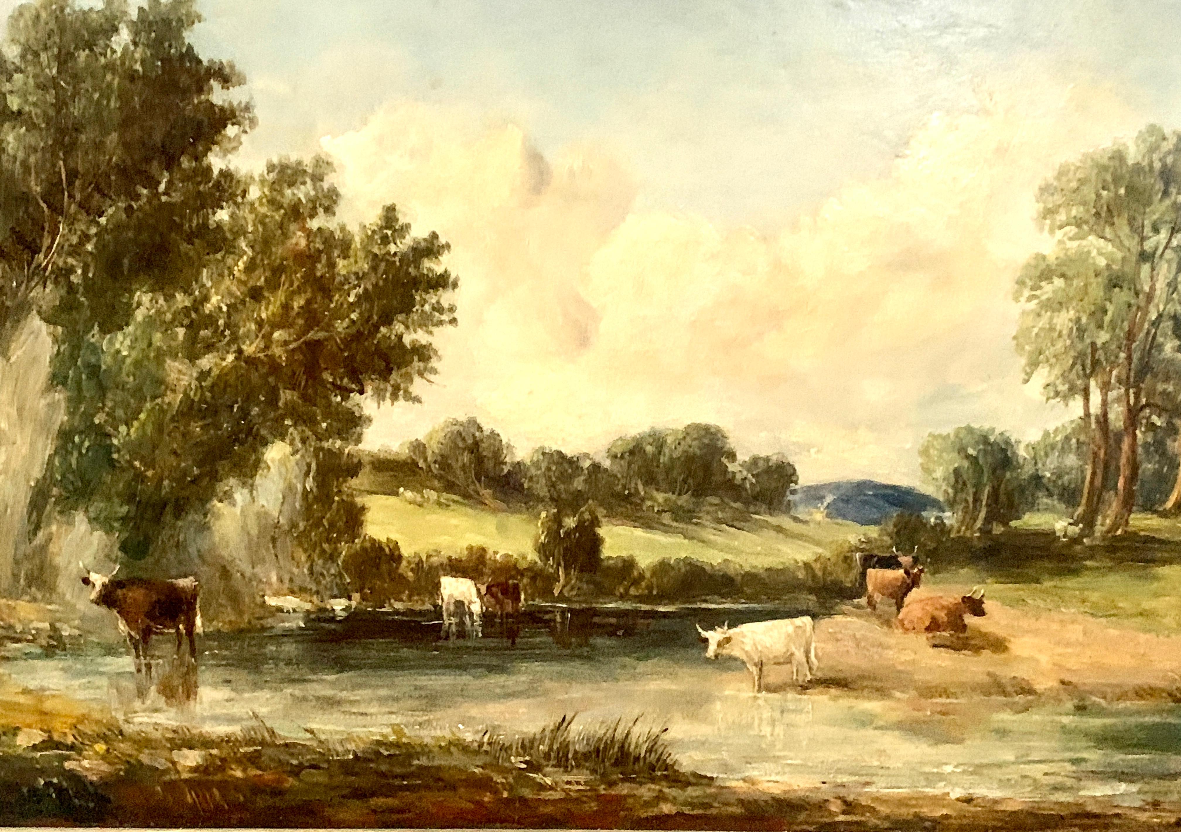19th century English Antique oil landscape with cows resting by a river - Painting by Alfred Vickers