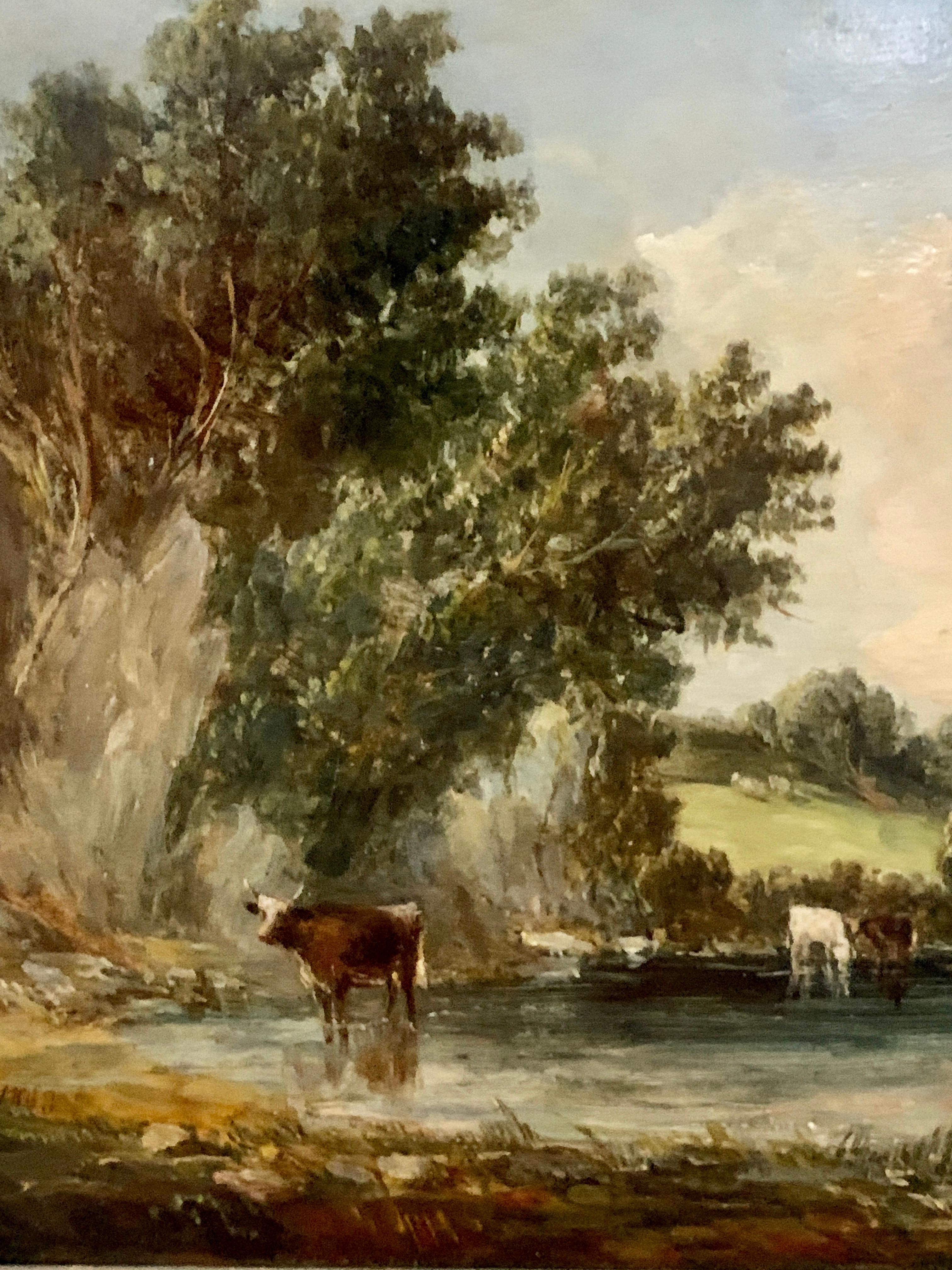 Paysage à l'huile anglais ancien du 19ème siècle avec des vaches reposant sur une rivière - Victorien Painting par Alfred Vickers