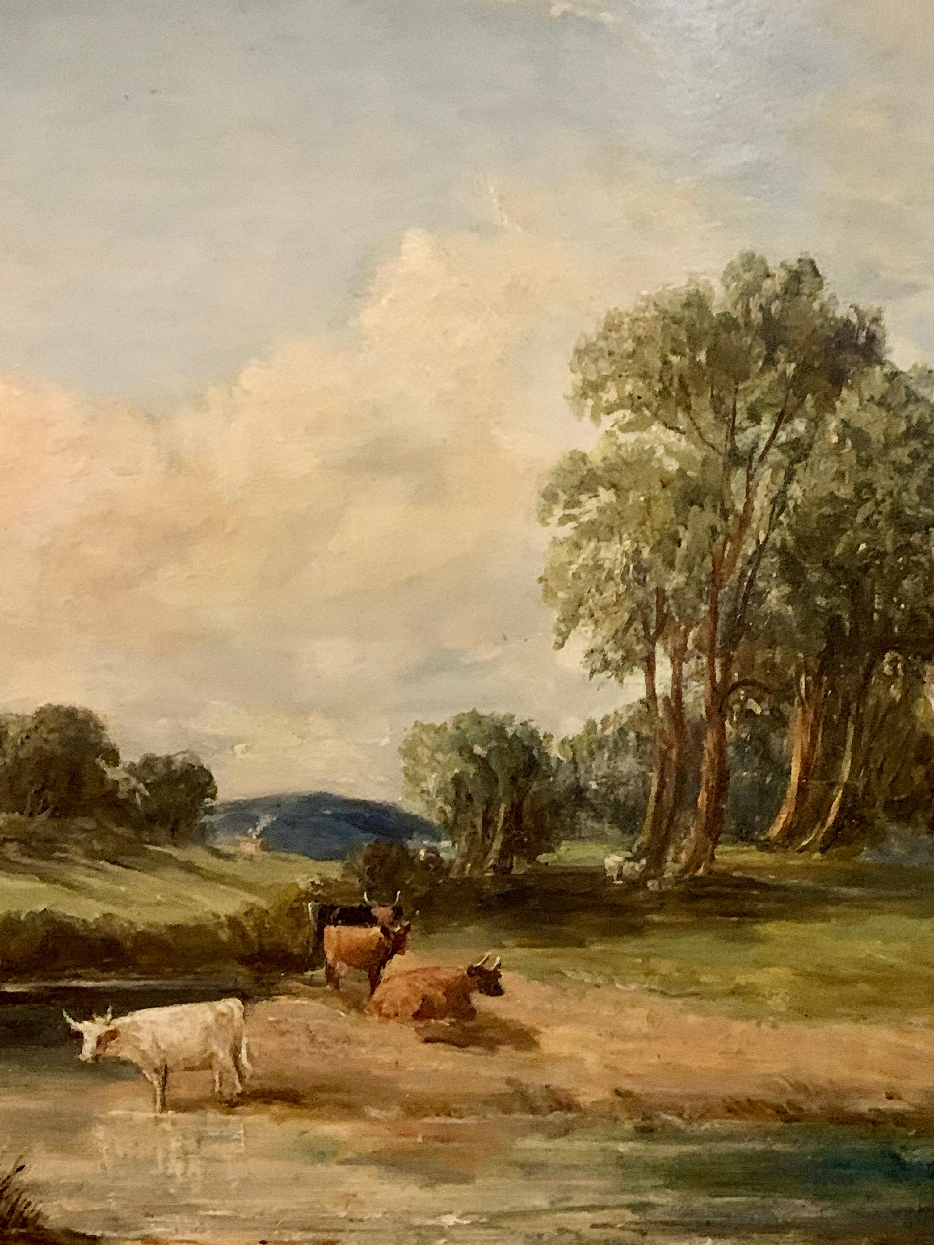 Paysage à l'huile anglais ancien du 19ème siècle avec des vaches reposant sur une rivière - Marron Landscape Painting par Alfred Vickers