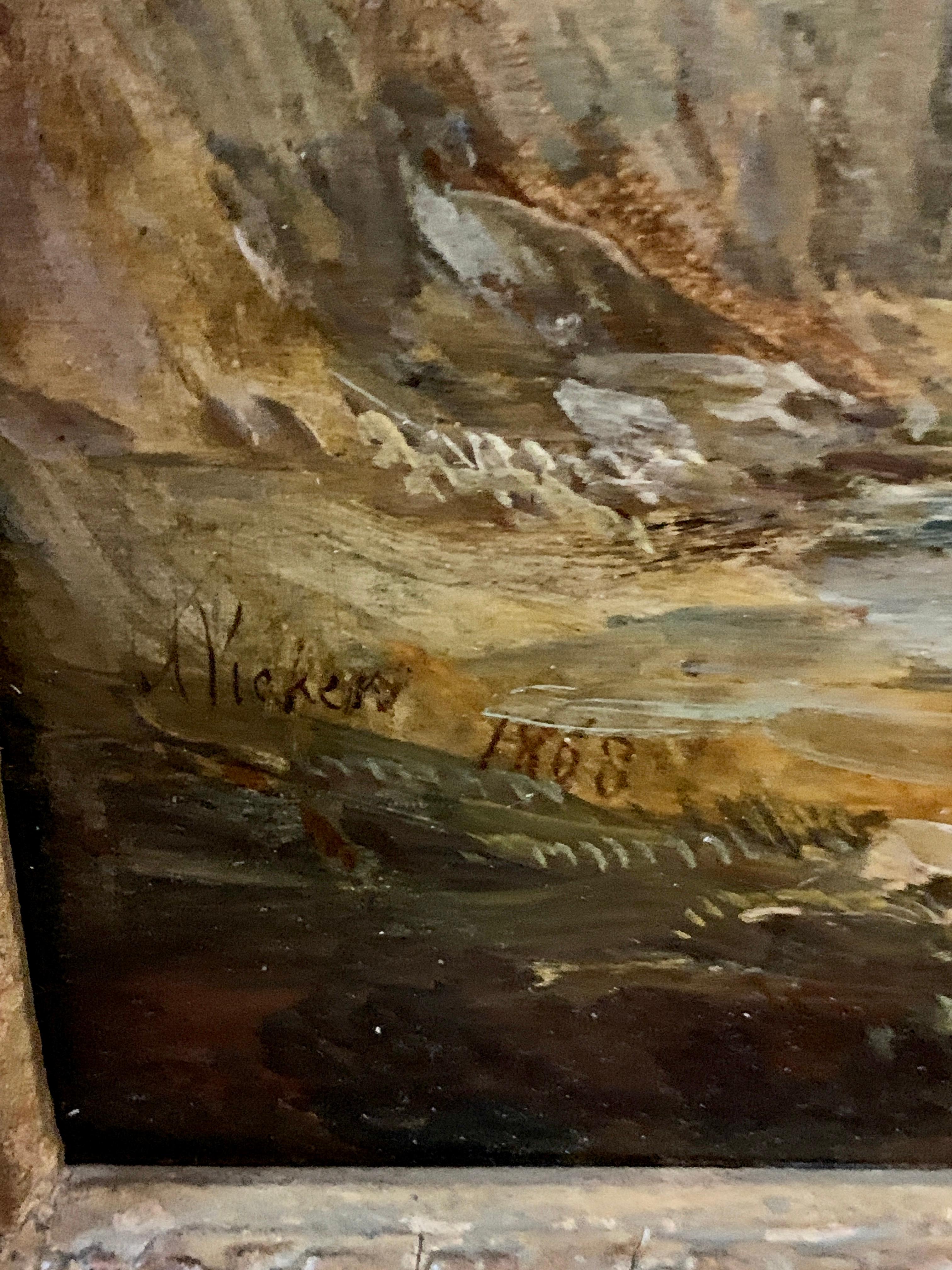 Superbe paysage anglais du 19e siècle à l'huile ancienne avec des vaches se reposant au bord d'une rivière.

Alfred Vickers était un peintre de sujets marins et de paysages. Il a beaucoup exposé tout au long de sa vie, notamment à la Royal Academy