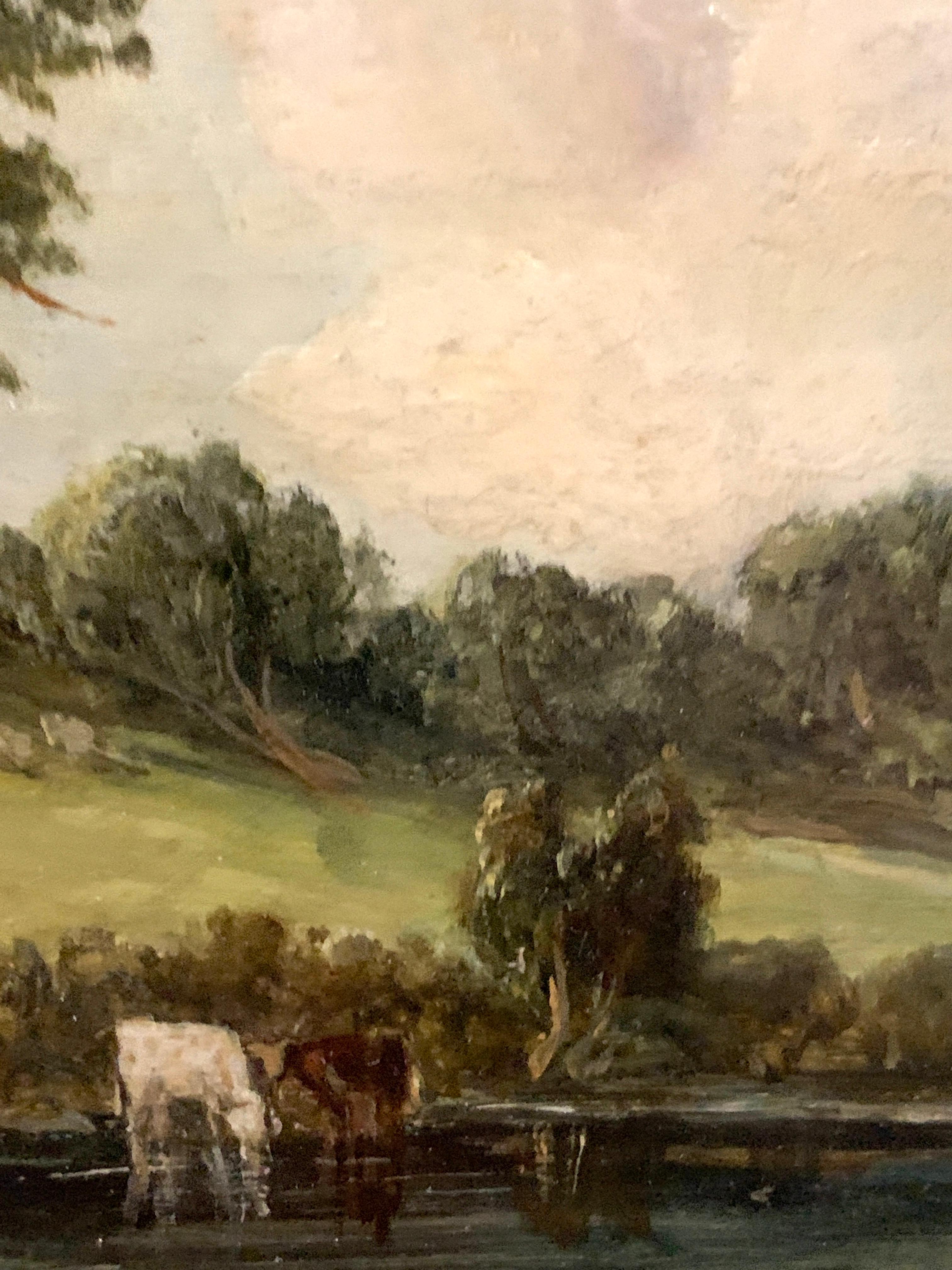 Paysage à l'huile anglais ancien du 19ème siècle avec des vaches reposant sur une rivière en vente 2
