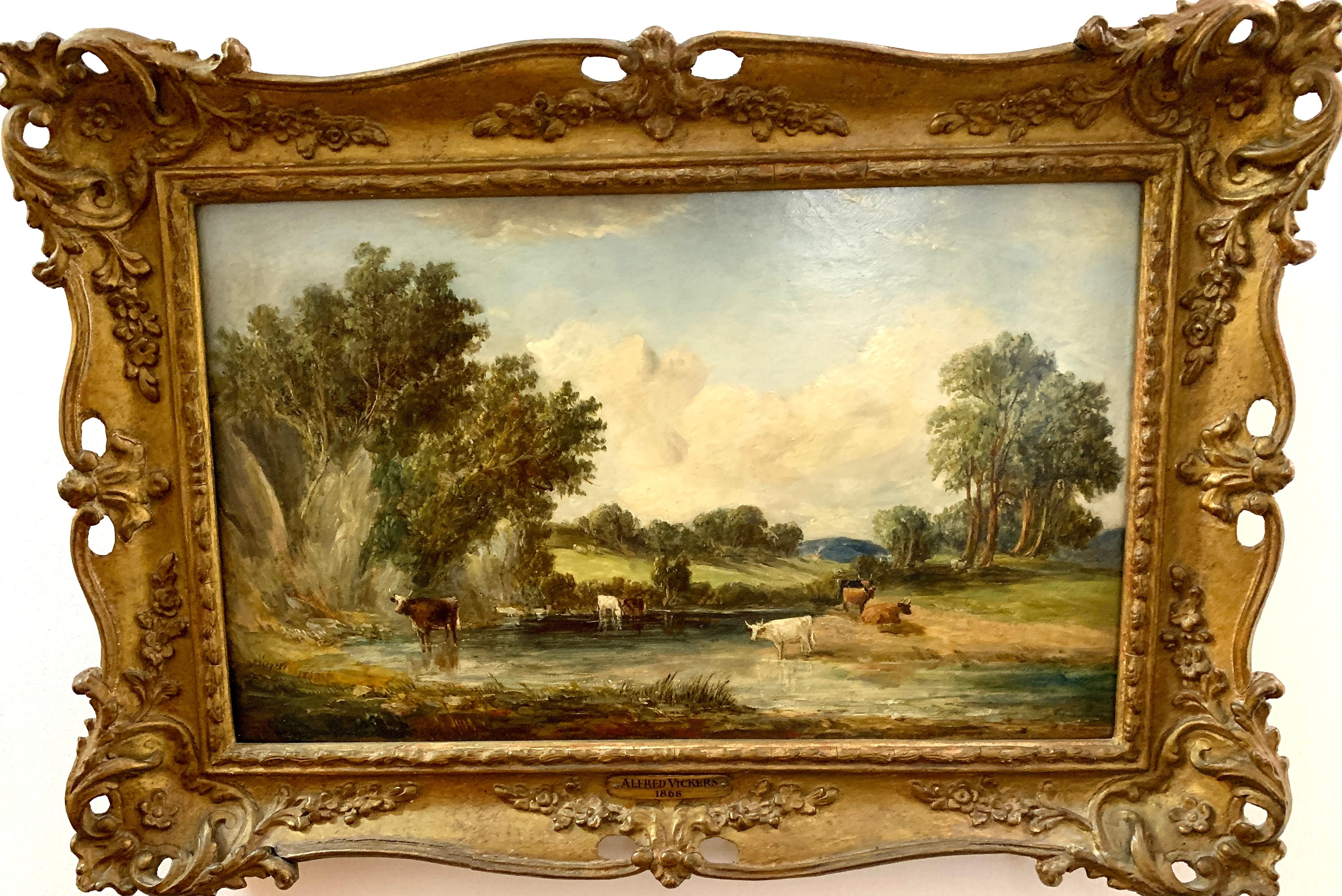 Landscape Painting Alfred Vickers - Paysage à l'huile anglais ancien du 19e siècle avec des vaches reposant sur une rivière