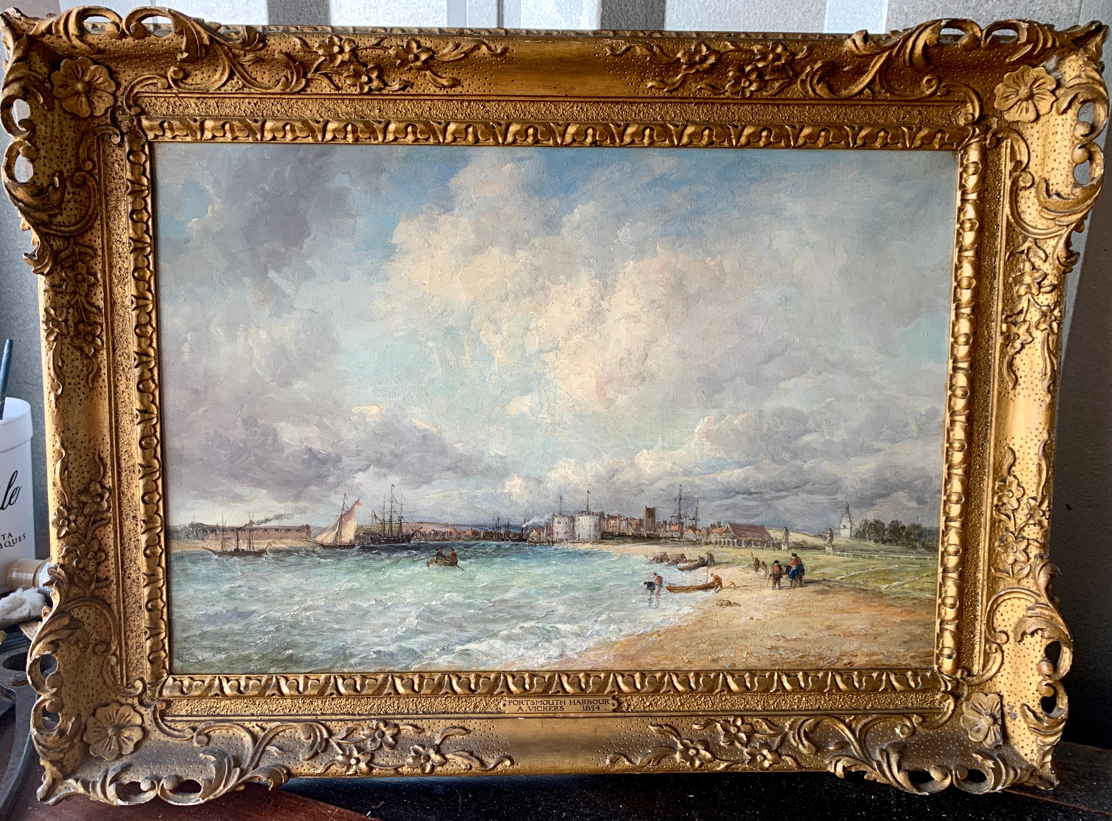 19th century English View of Yachts off Portsmouth Harbor from Southsea Beach, - Painting by Alfred Vickers