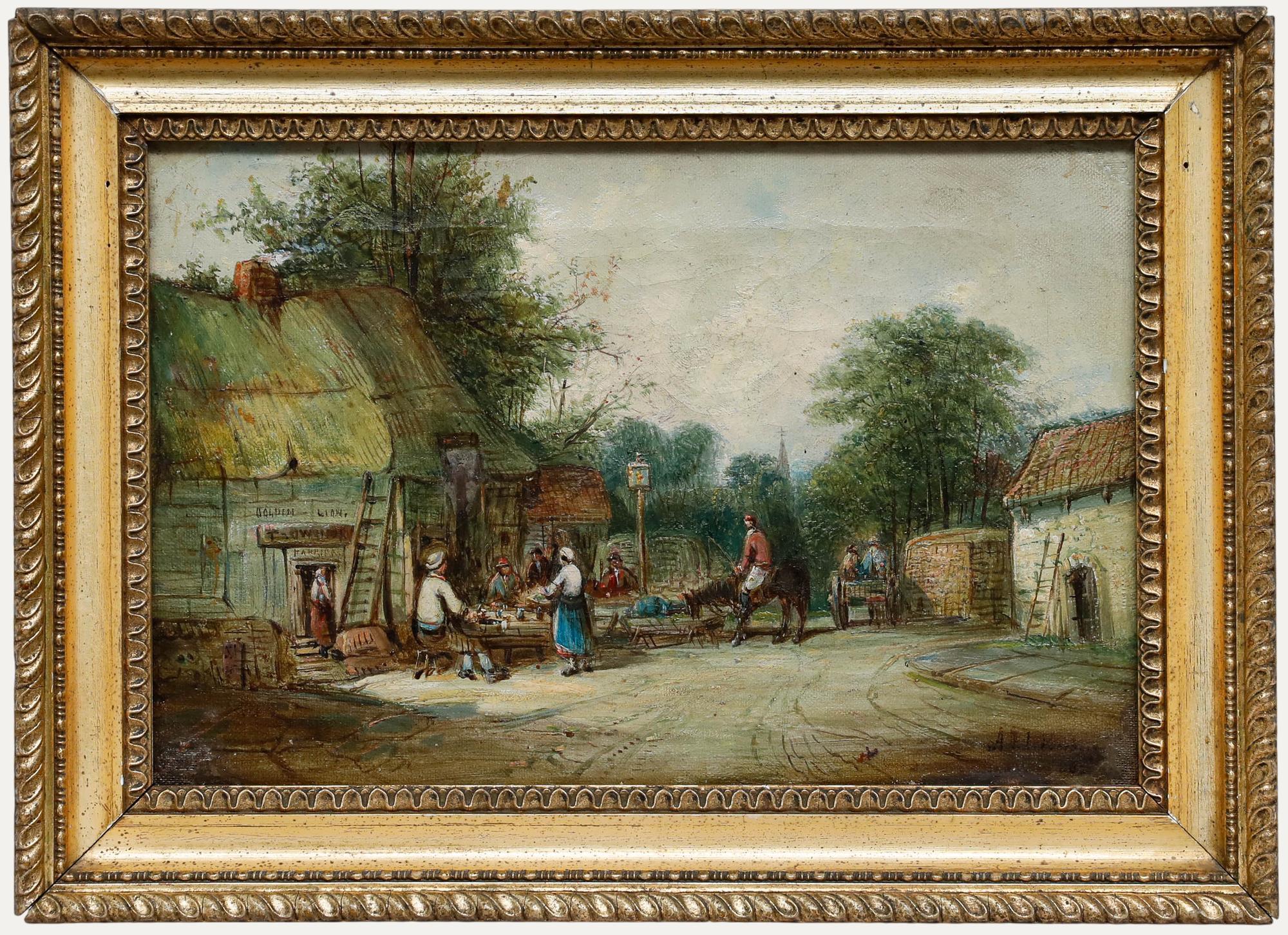 An original painting by Alfred Henry Vickers (1853-1919), depicting a quaint village with the Golden Lion pub to the left and a group of figures gathered by the village fountain. The painting has been well presented in a charming gilt-effect frame