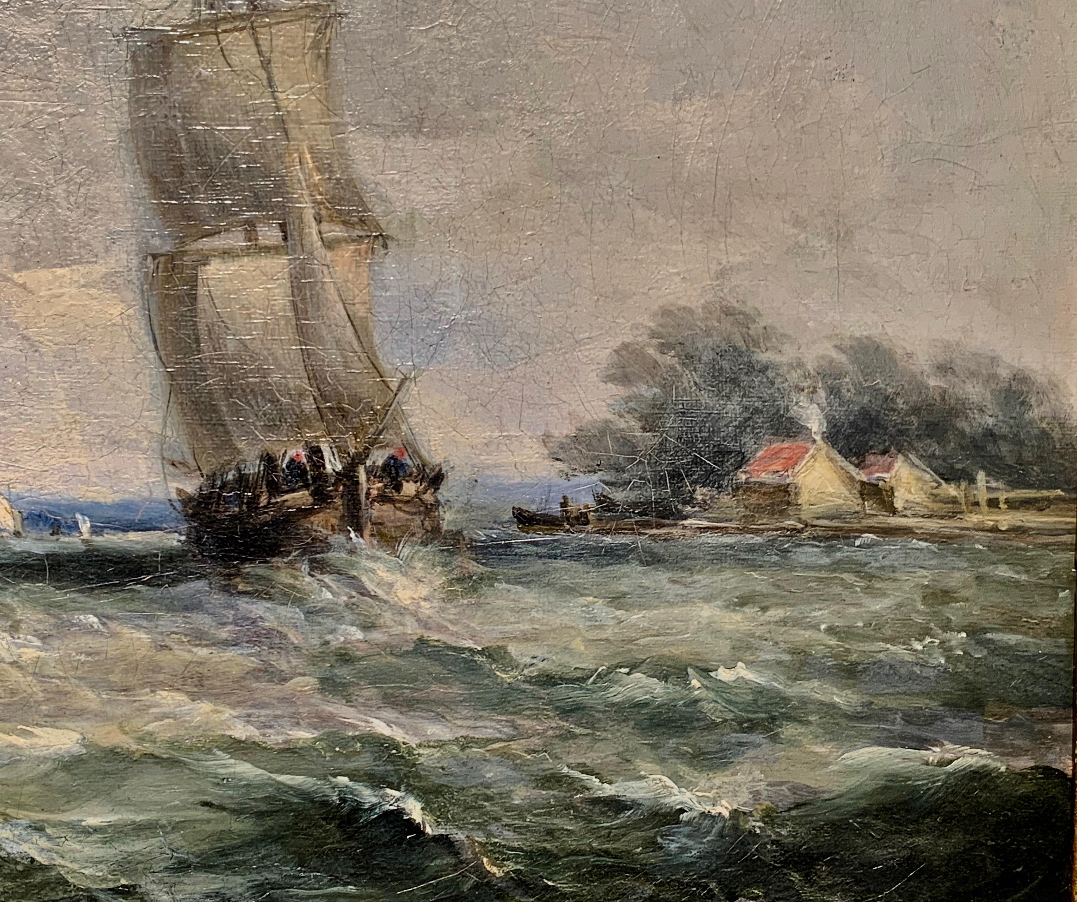 English Victorian sail and steam boats at sea - Painting by Alfred Vickers