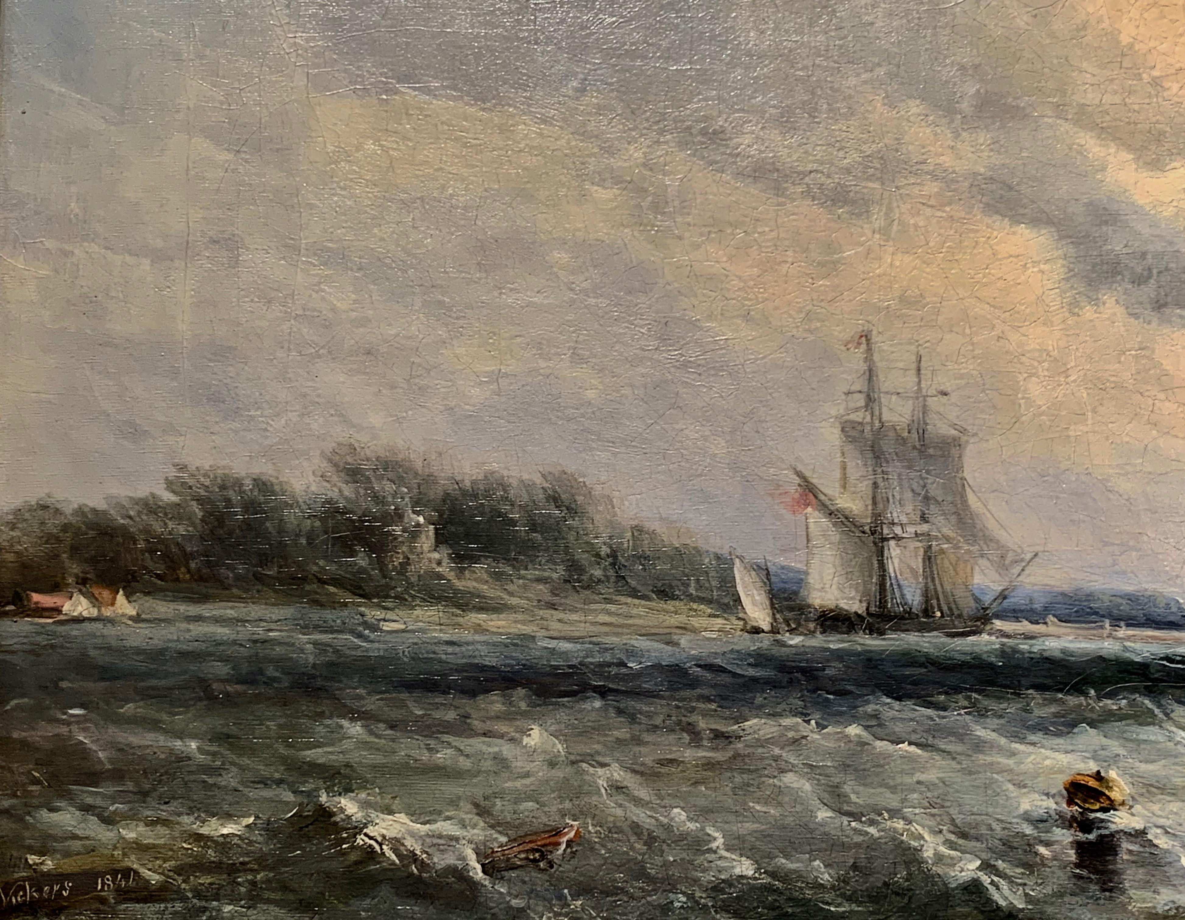 English Victorian sail and steam boats at sea - Brown Landscape Painting by Alfred Vickers