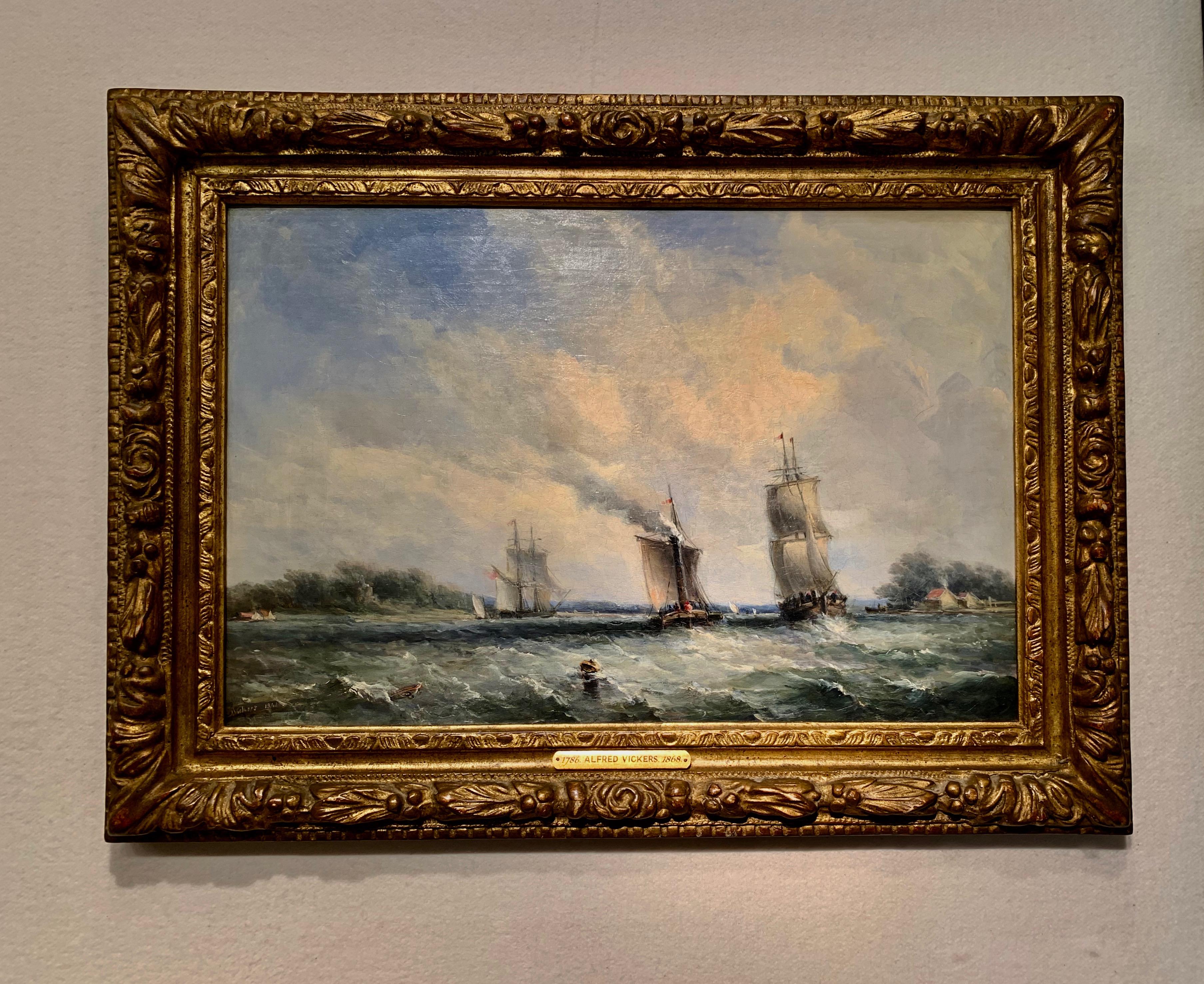 Alfred Vickers Landscape Painting - English Victorian sail and steam boats at sea