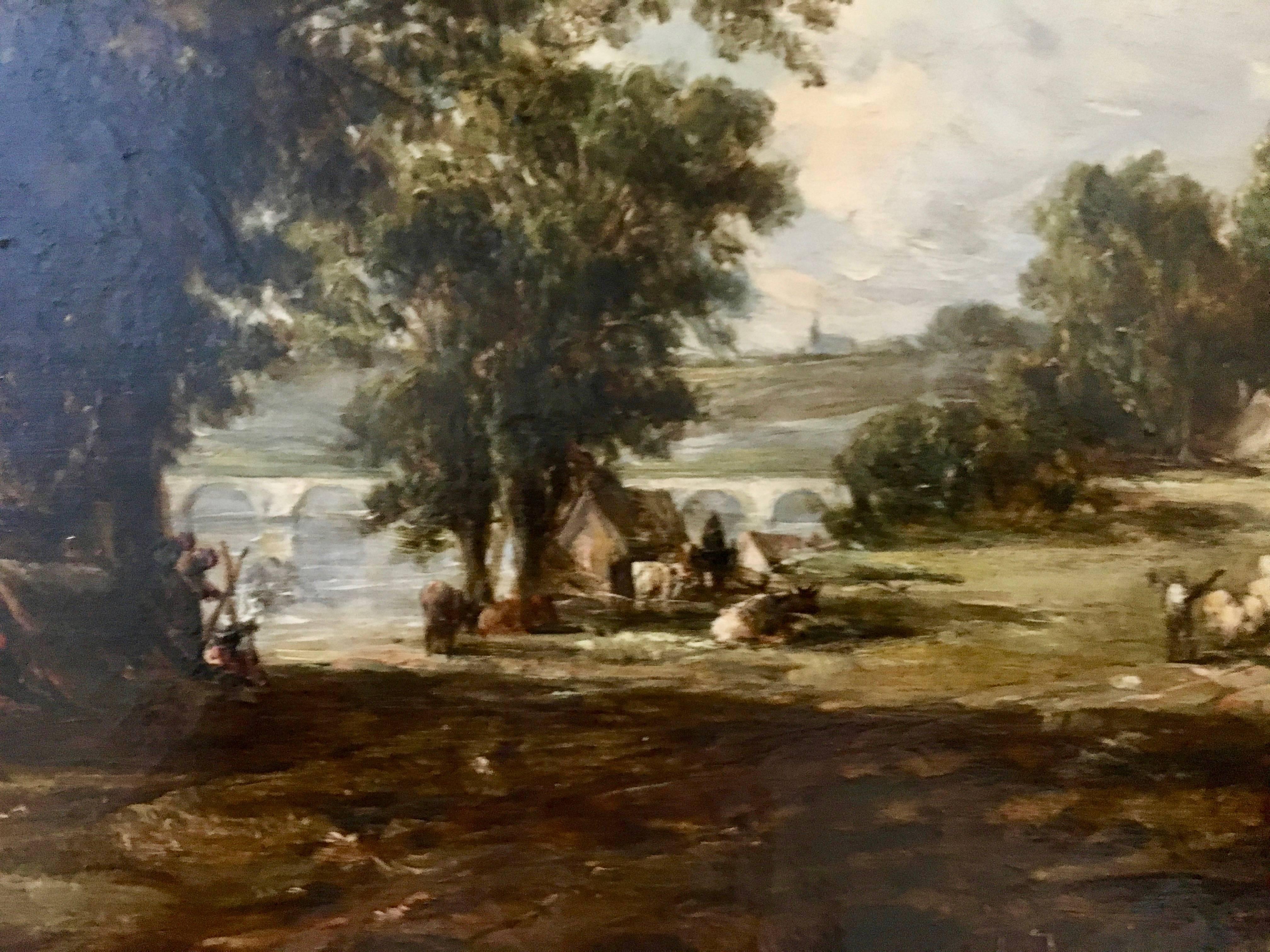 Extensive Victorian 19th century English River Landscape with people with a tent - Painting by Alfred Vickers