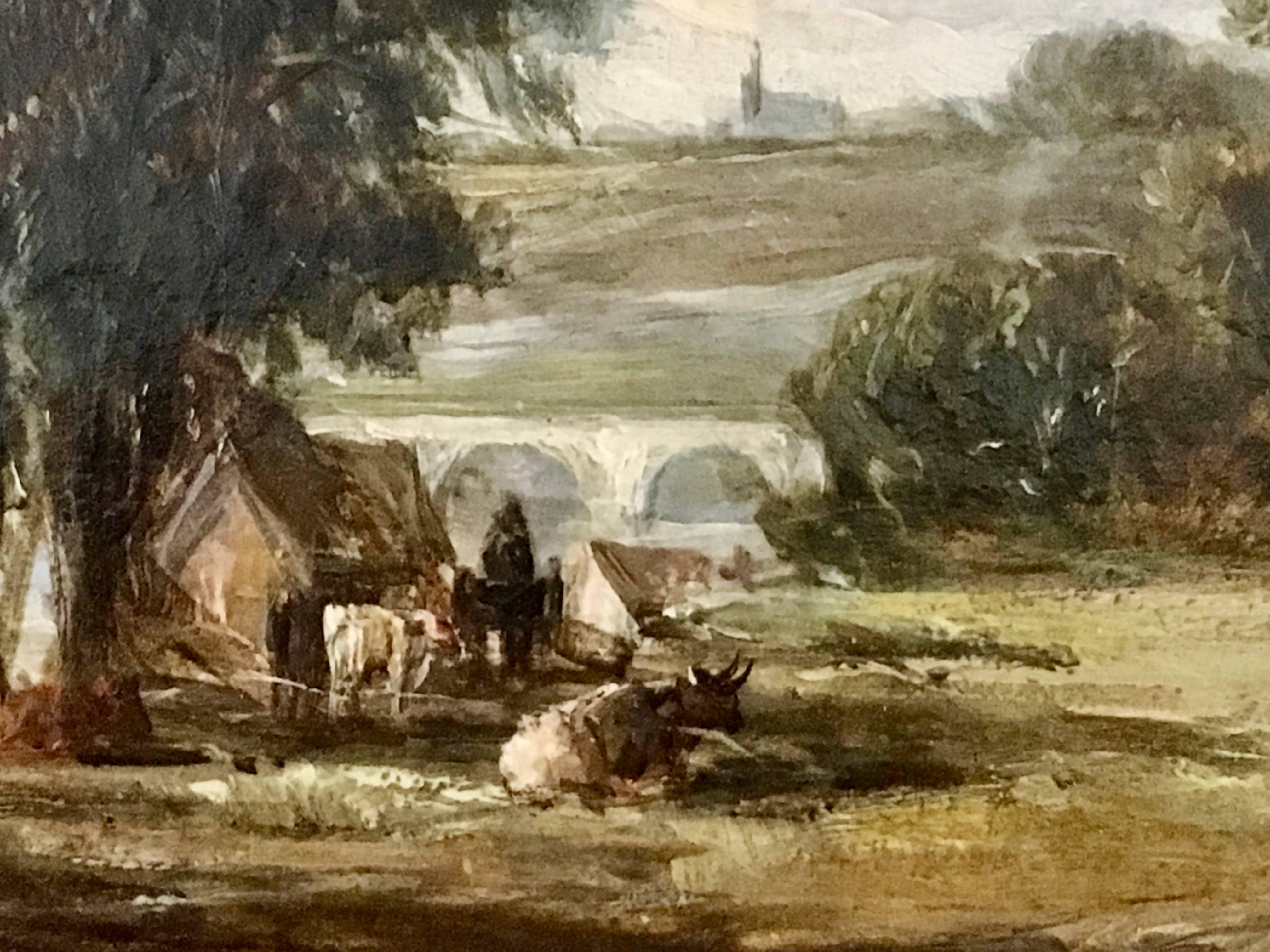 Extensive Victorian 19th century English River Landscape with people with a tent - Brown Landscape Painting by Alfred Vickers
