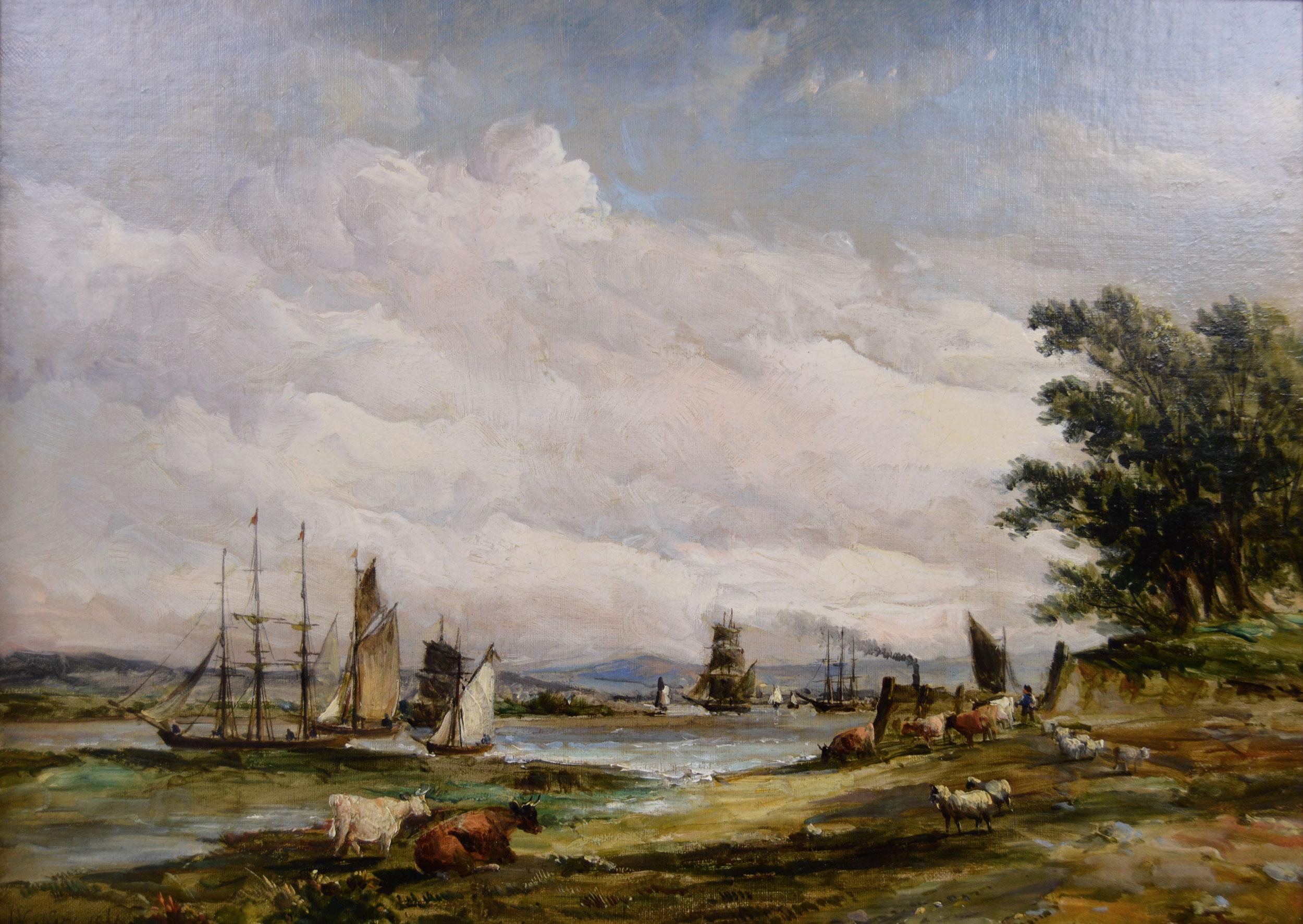 Pair of 19th Century riverscape oil paintings of ships on the Thames in Kent - Brown Landscape Painting by Alfred Vickers