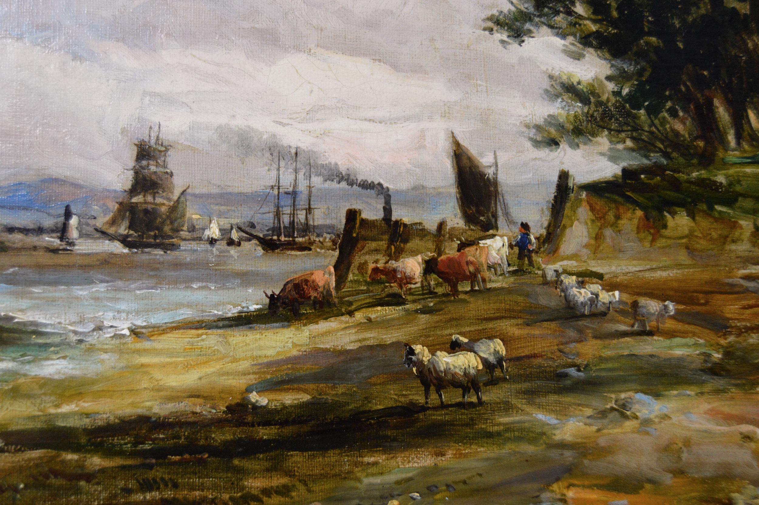 Pair of 19th Century riverscape oil paintings of ships on the Thames in Kent 1