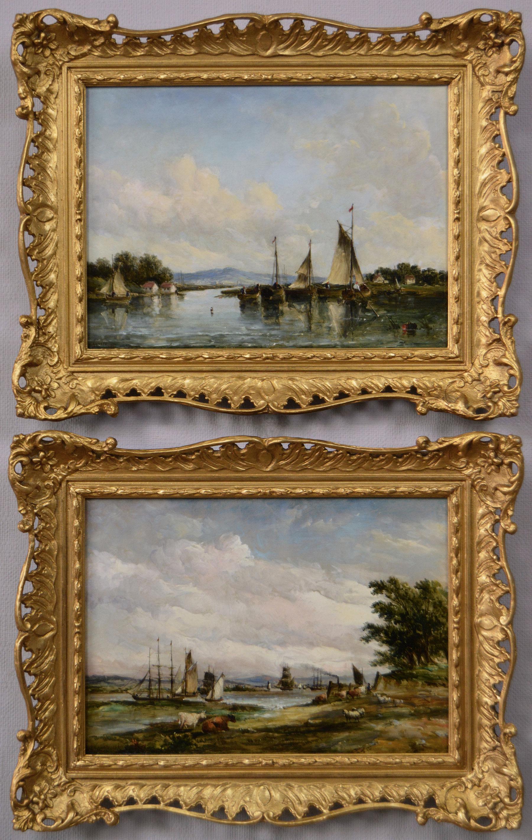 Alfred Vickers Landscape Painting - Pair of 19th Century riverscape oil paintings of ships on the Thames in Kent