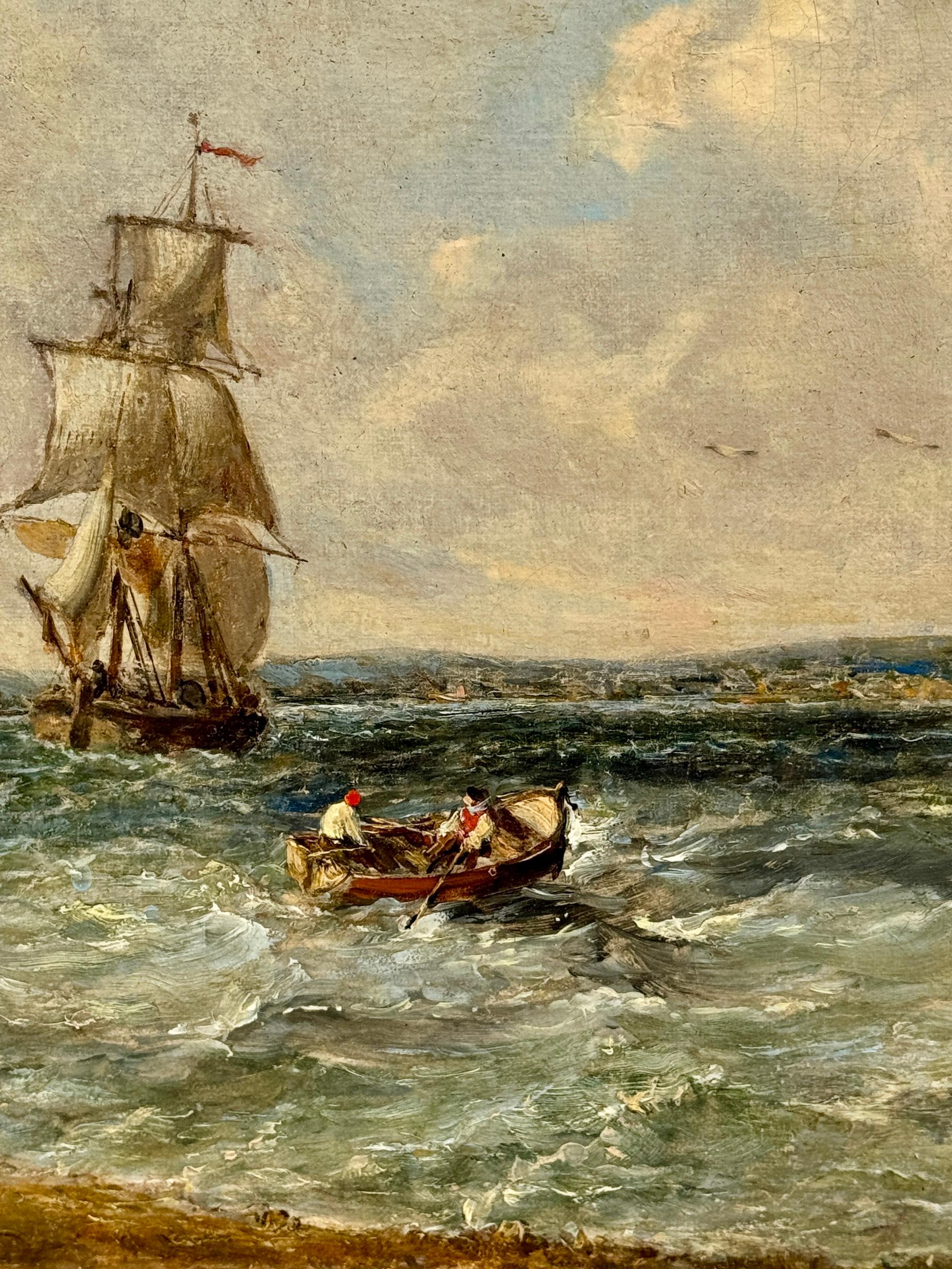 Escena marítima costera inglesa del siglo XIX con buques de guerra, barcos de pesca y yates en venta 6