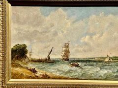 19th century English coastal sea scene with warships, fishing boats and yachts