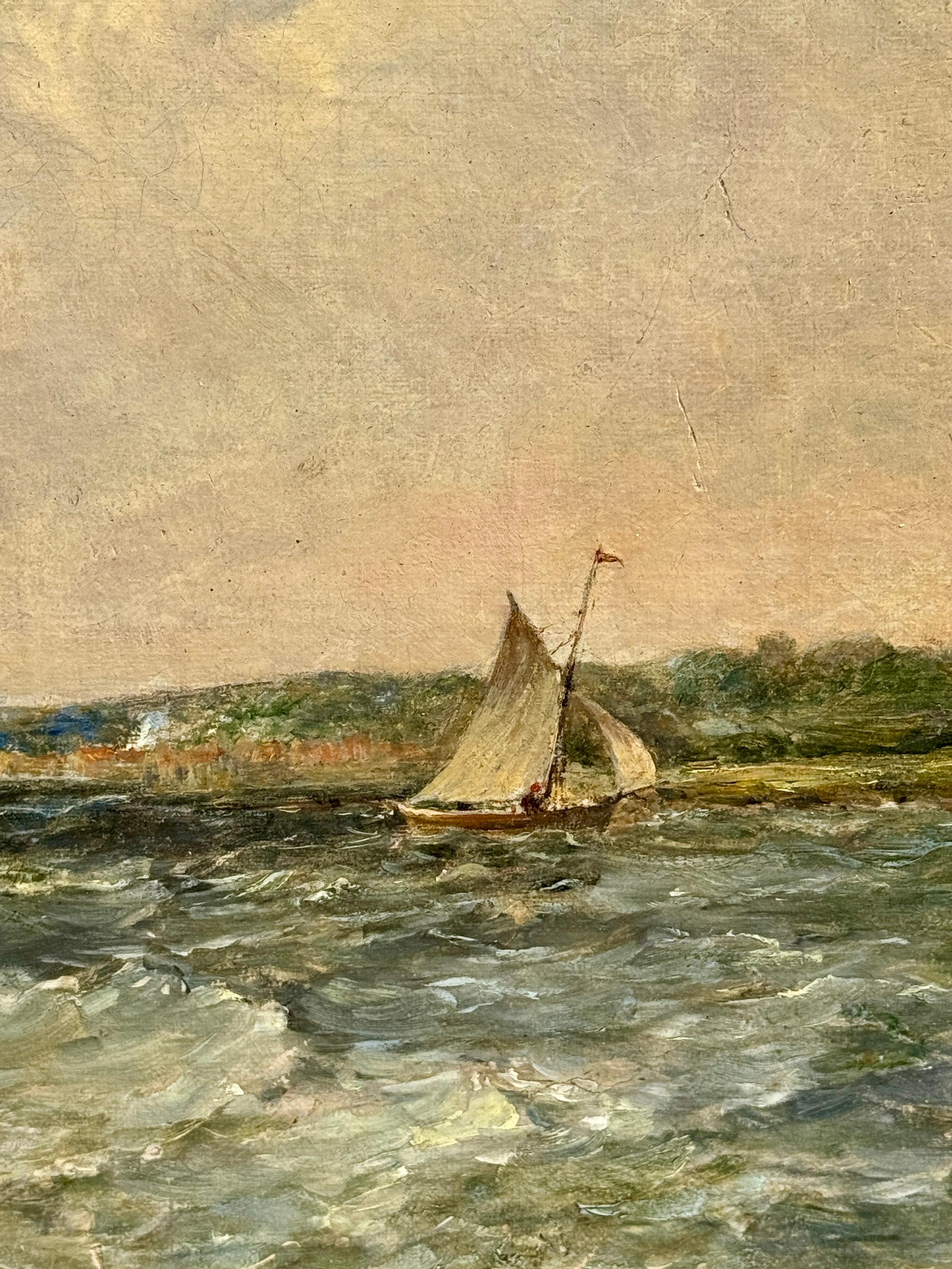 Escena marítima costera inglesa del siglo XIX con buques de guerra, barcos de pesca y yates - Painting Victoriano de Alfred Vickers Snr