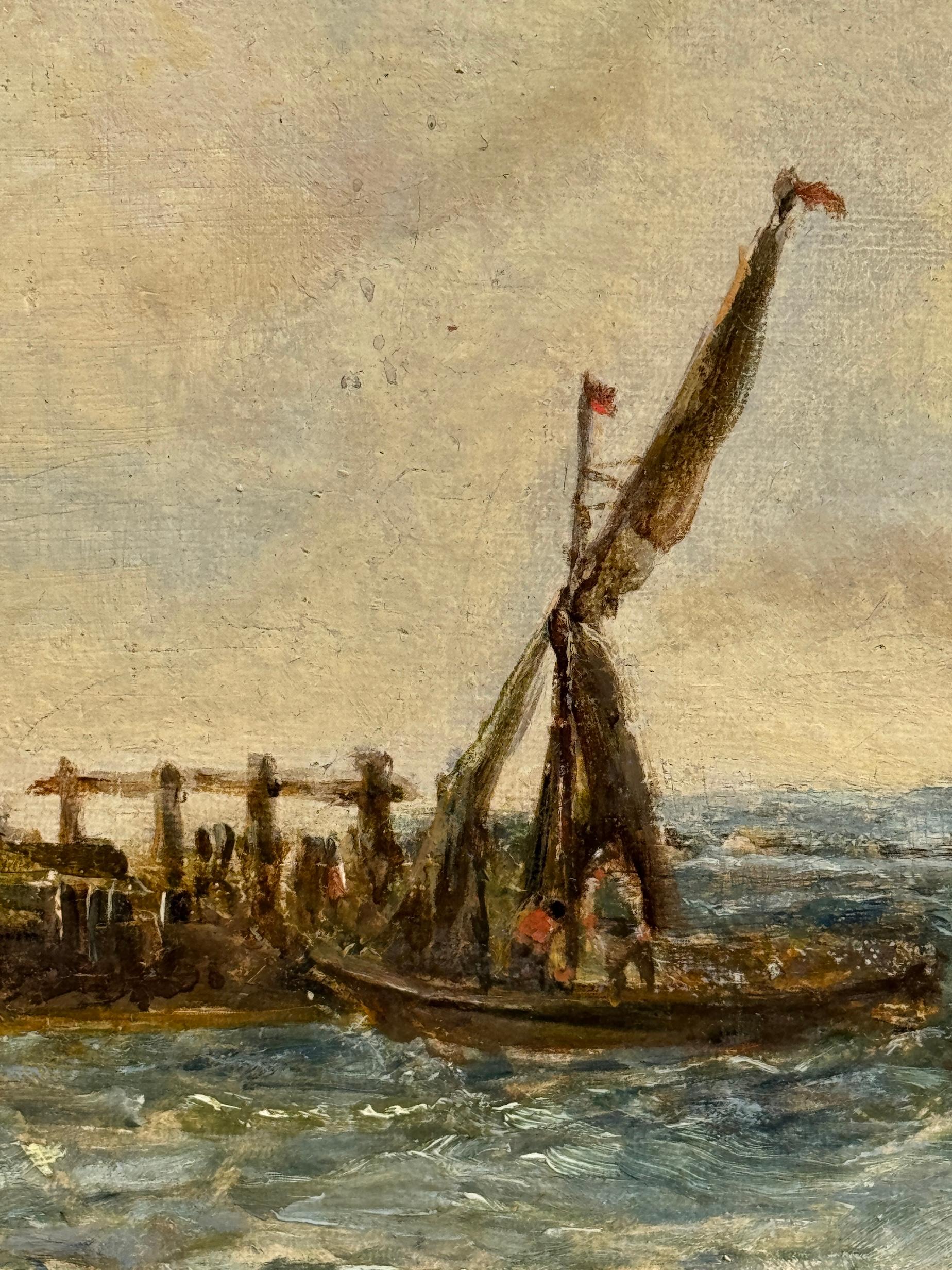 Escena marítima costera inglesa del siglo XIX con buques de guerra, barcos de pesca y yates - Landscape Painting Beige de Alfred Vickers Snr