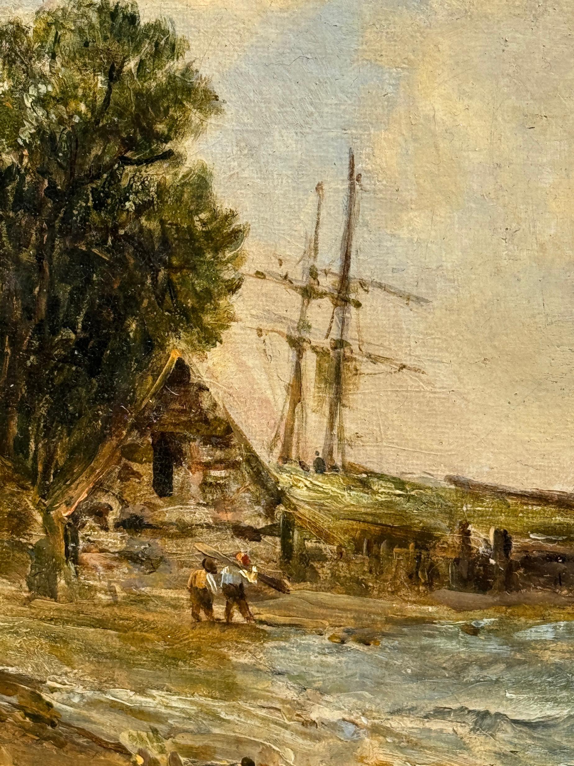 Alfred Vickers padre (1786-1868)
Navegación frente a la costa, óleo sobre lienzo, hacia 1860, firmado abajo a la izquierda

Esta animada escena costera de Alfred Vickers Senior, pintada hacia 1860, revela el talento característico del artista para