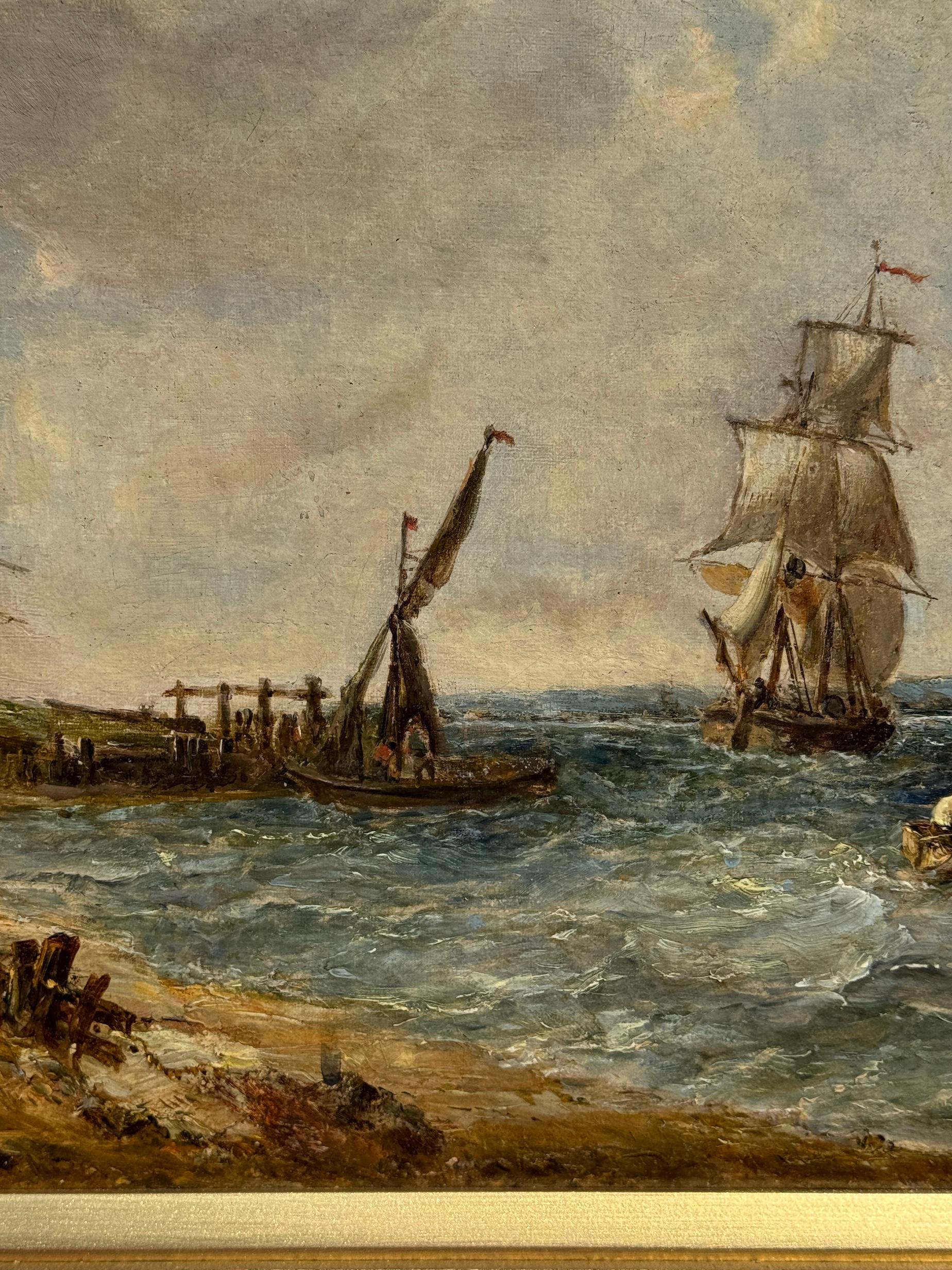 Escena marítima costera inglesa del siglo XIX con buques de guerra, barcos de pesca y yates en venta 1