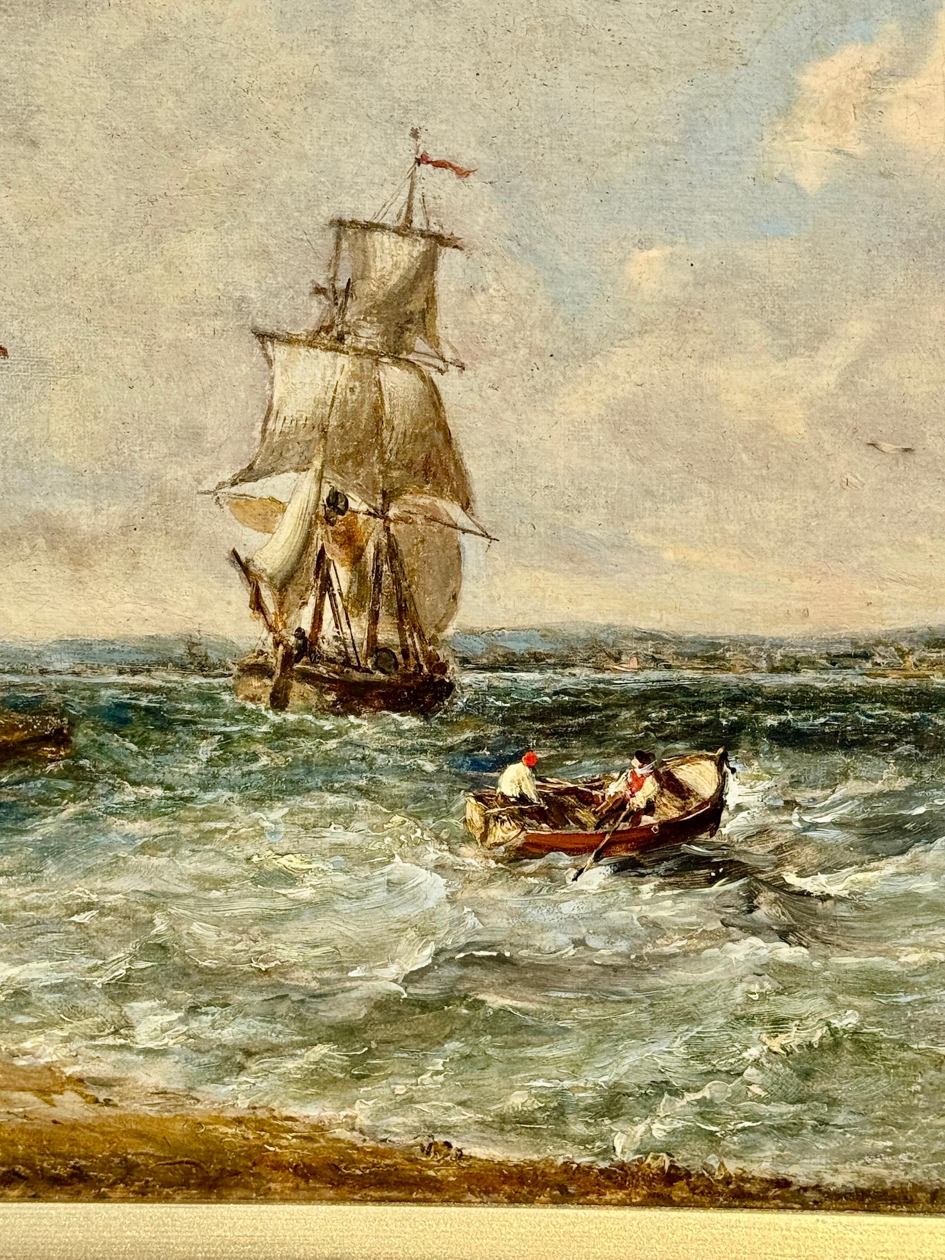 Escena marítima costera inglesa del siglo XIX con buques de guerra, barcos de pesca y yates en venta 3