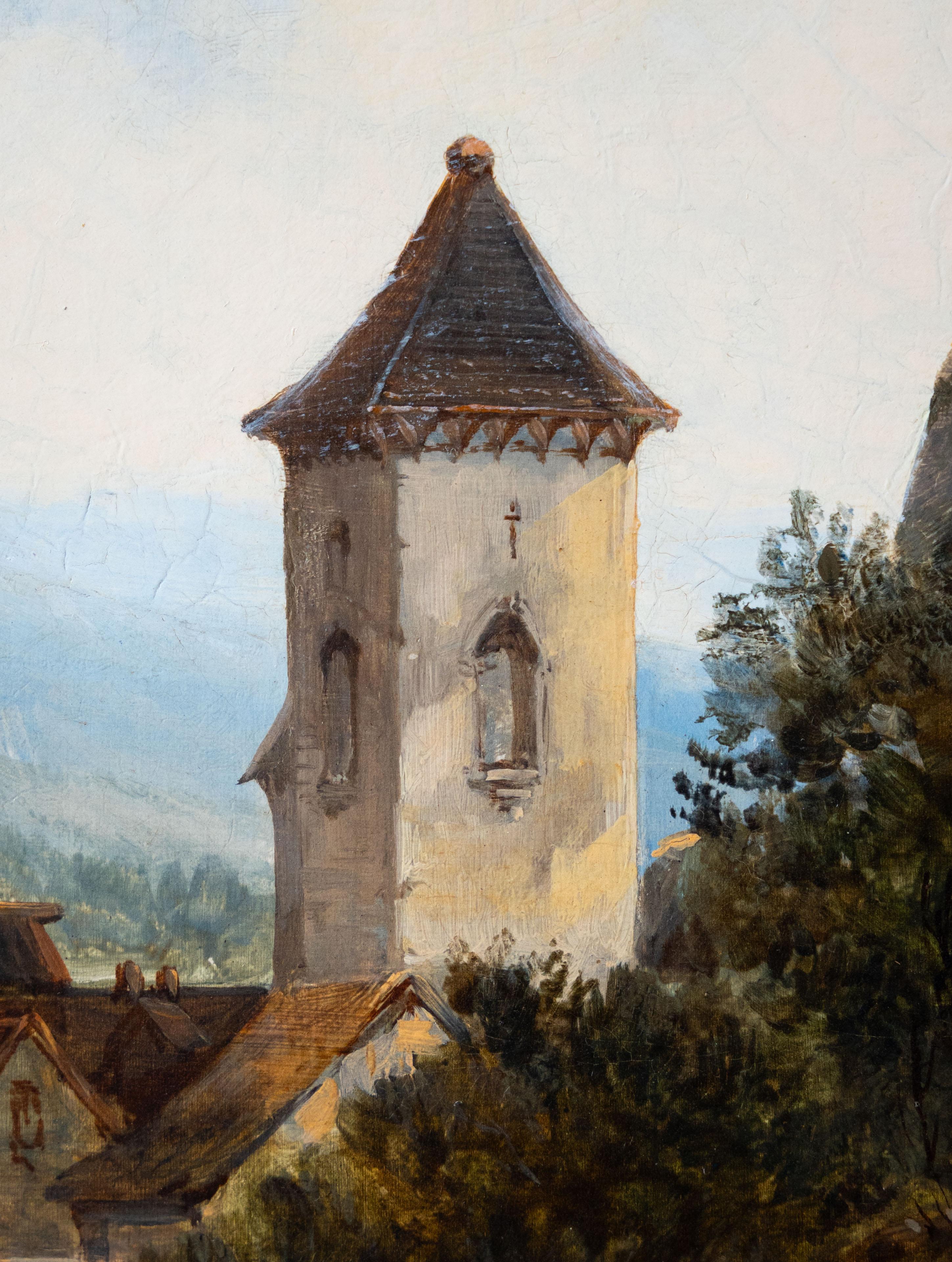 Figures se reposant au bord d'un canal - Marron Landscape Painting par Alfred Vickers Snr