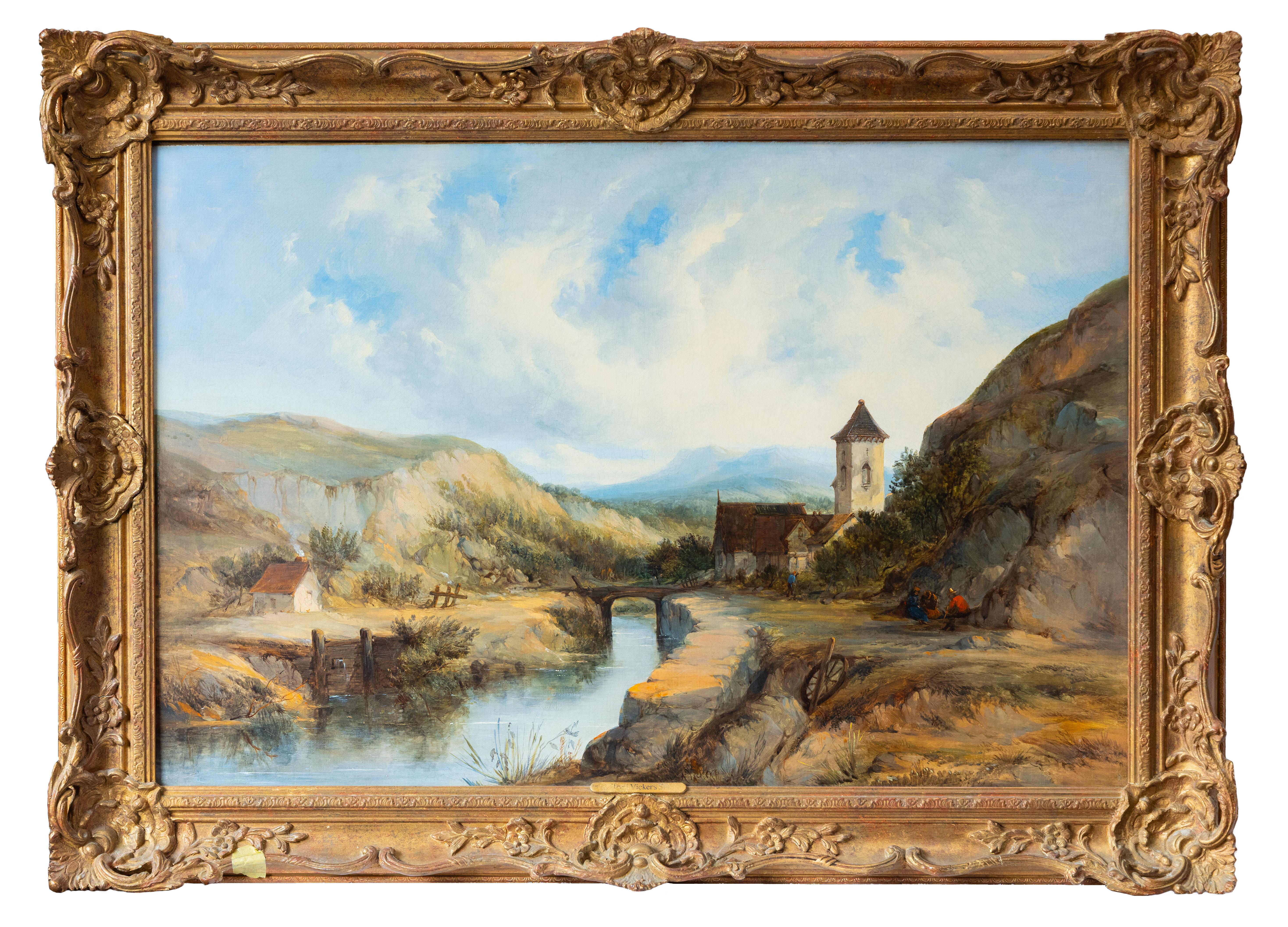Landscape Painting Alfred Vickers Snr - Figures se reposant au bord d'un canal