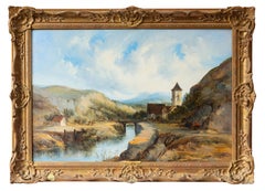 Figures resting by a canal