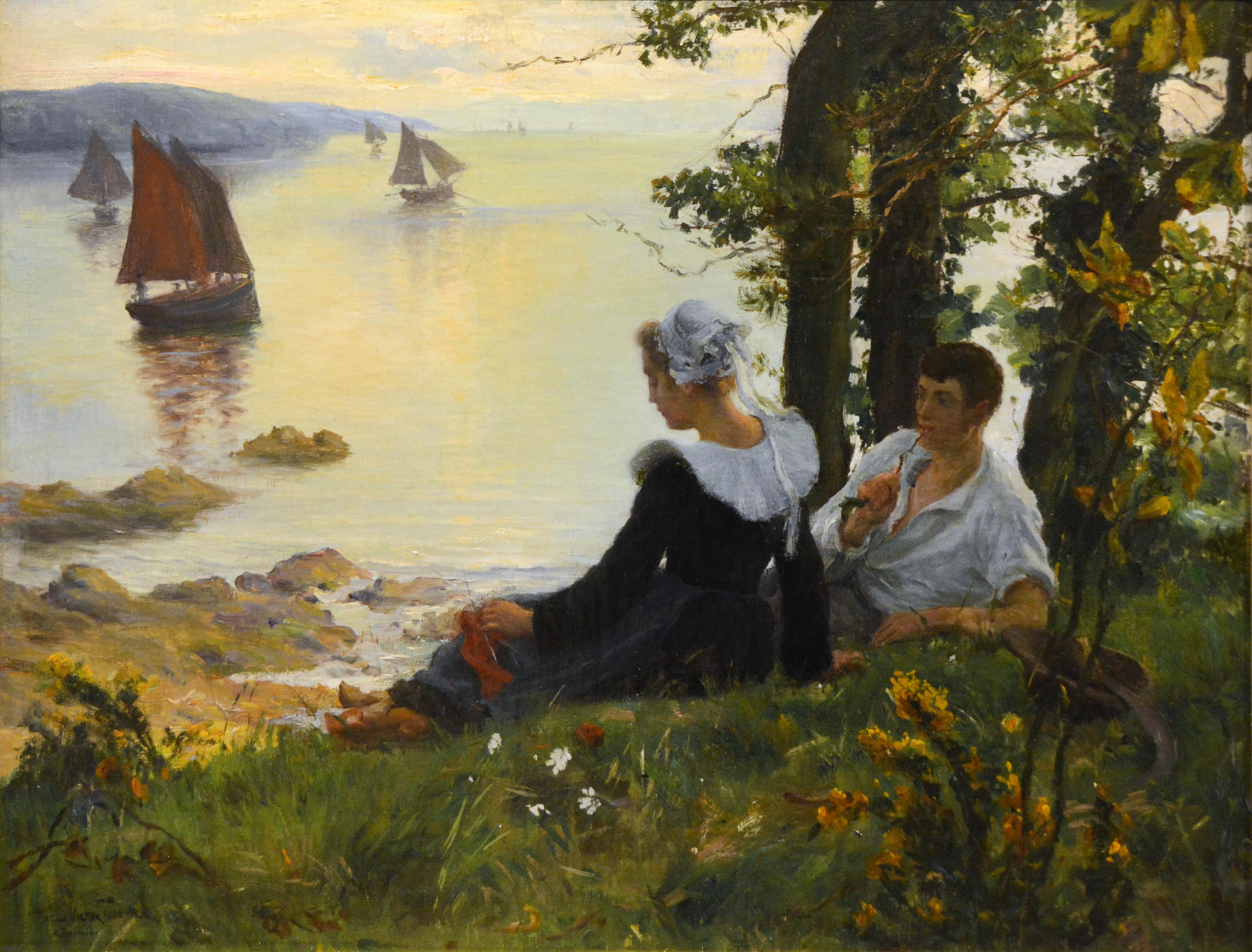 Figurative Painting Alfred Victor Fournier - Couple devant la baie