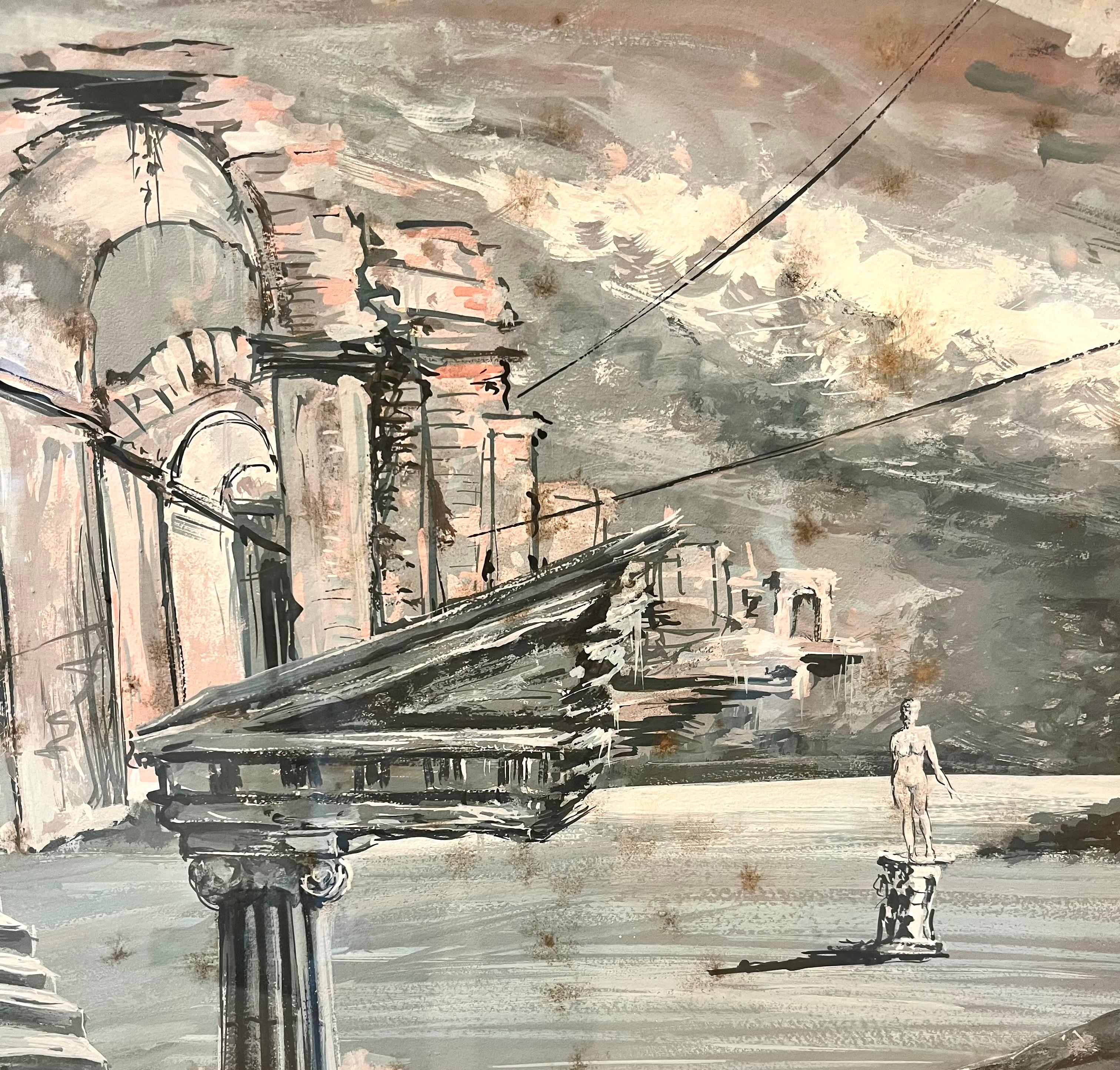 Echoes Among the Ruins is a striking surrealist composition by Alfred W. Campbell, an enigmatic artist whose work is deeply rooted in dreamlike architecture and psychological landscapes. Research suggests that Campbell may have studied under