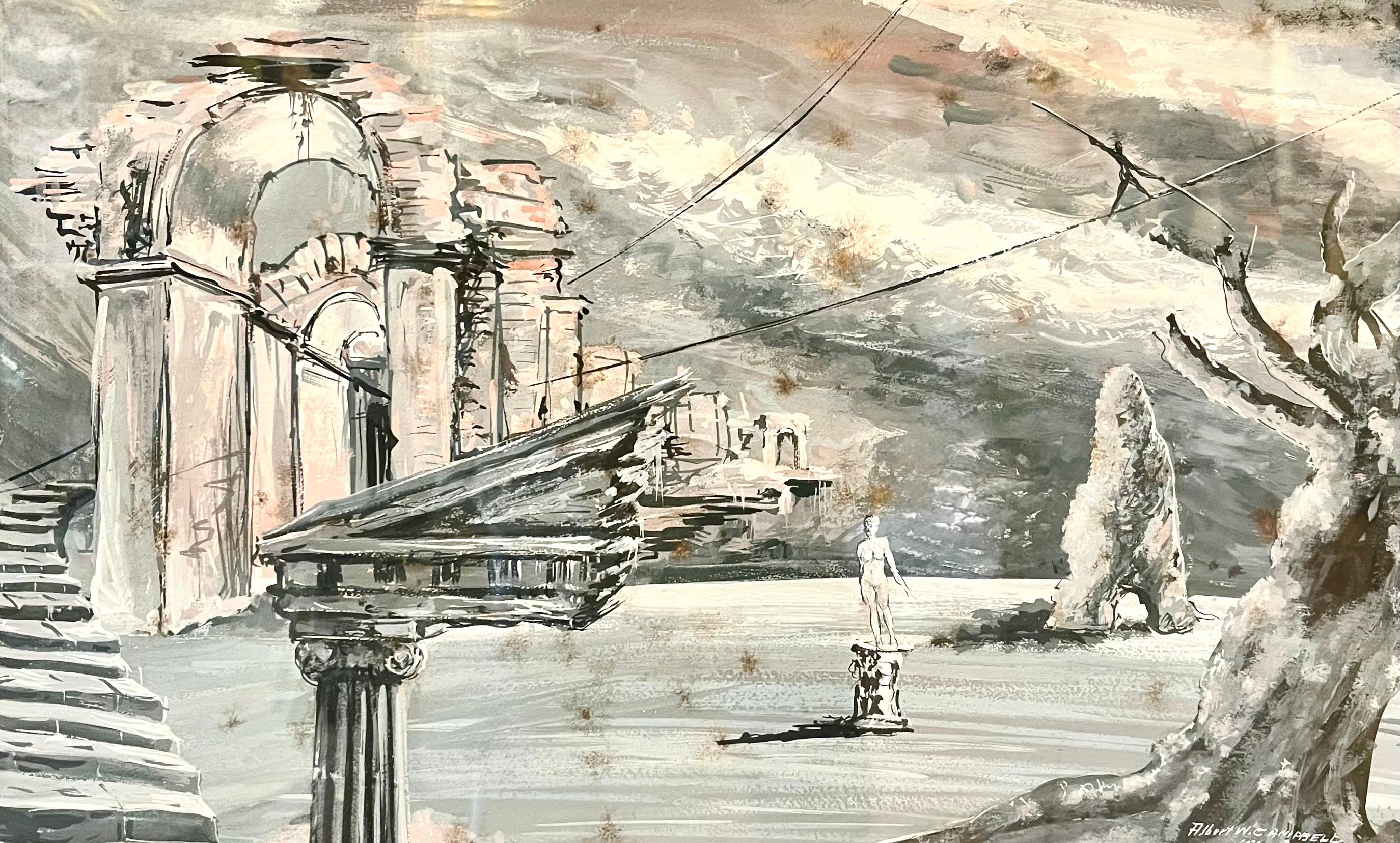 Alfred W Campbell Landscape Painting - Surrealist Classical Ruins Scene titled "Echoes Among the Ruins"